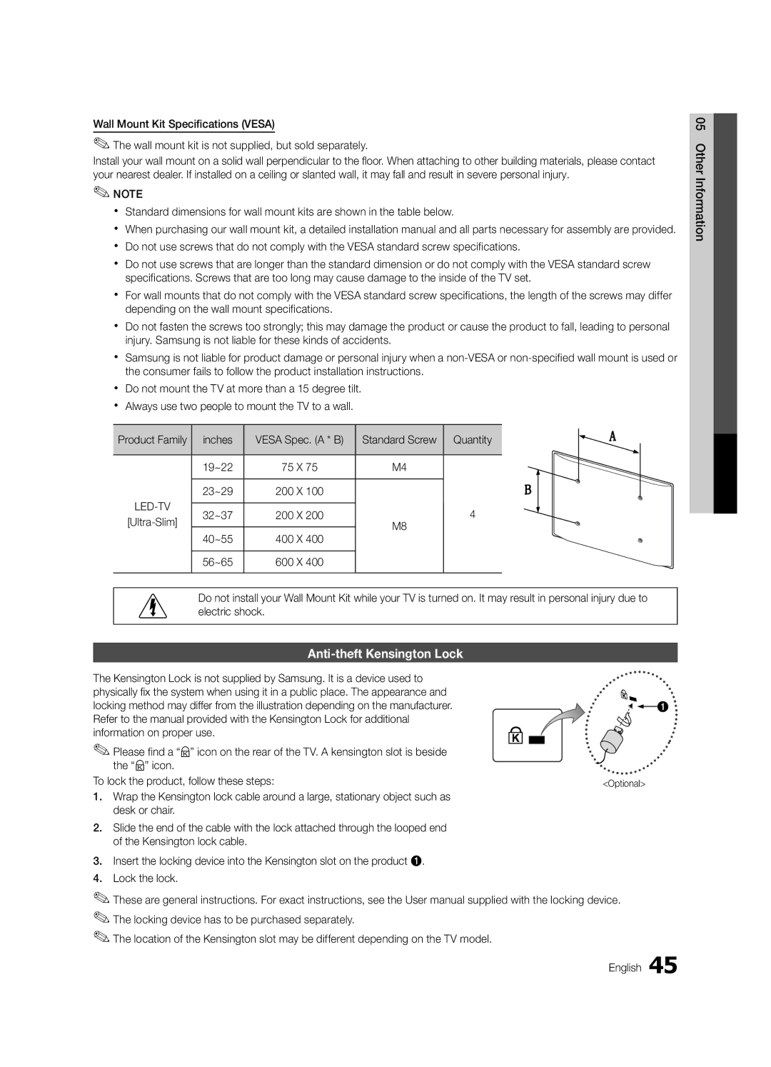 Samsung UC5000, BN68-02625A-03 user manual Anti-theft Kensington Lock 