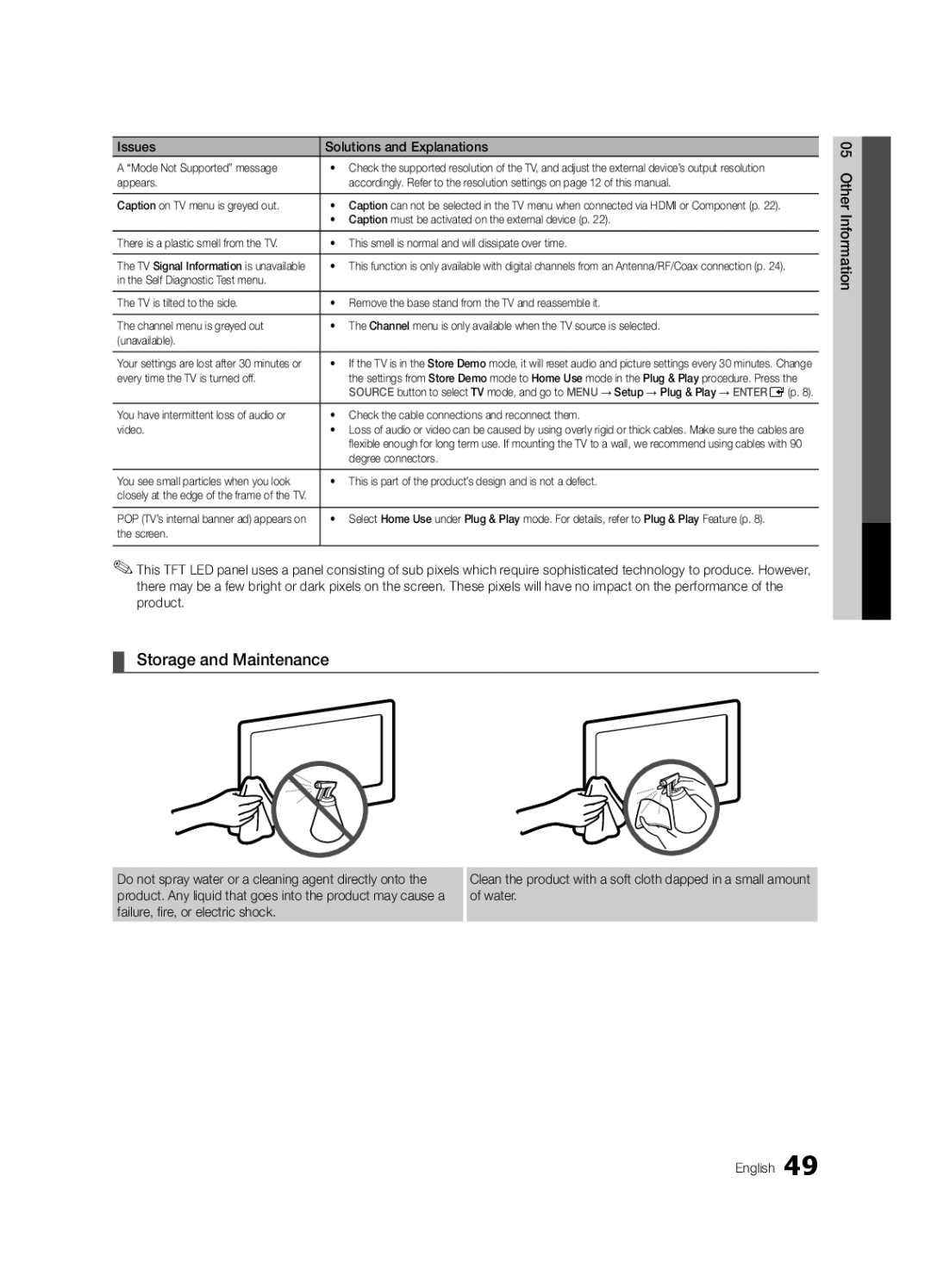 Samsung UC5000 user manual Storage and Maintenance, Caption must be activated on the external device p, Degree connectors 