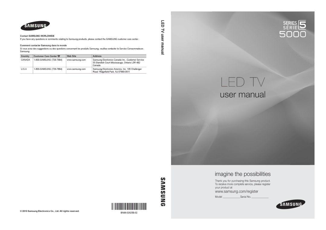 Samsung Series C5, BN68-02625B-02, UN40C5000 user manual Samsung Electronics Canada Inc., Customer Service 