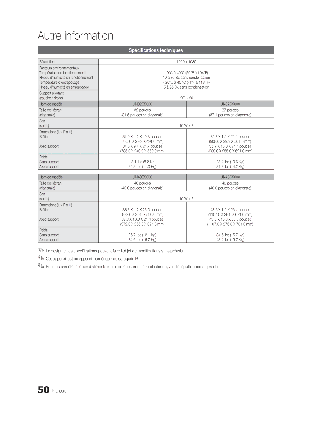 Samsung BN68-02625B-02, Series C5, UN40C5000 user manual Spécifications techniques 