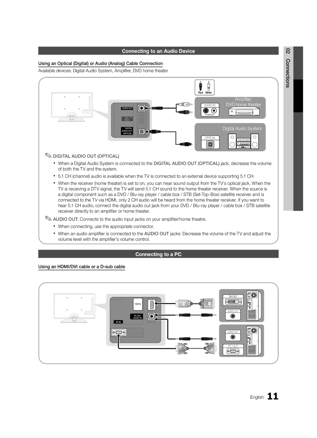 Samsung UN40C5000, Series C5 Connecting to an Audio Device, Connecting to a PC, Using an HDMI/DVI cable or a D-sub cable 