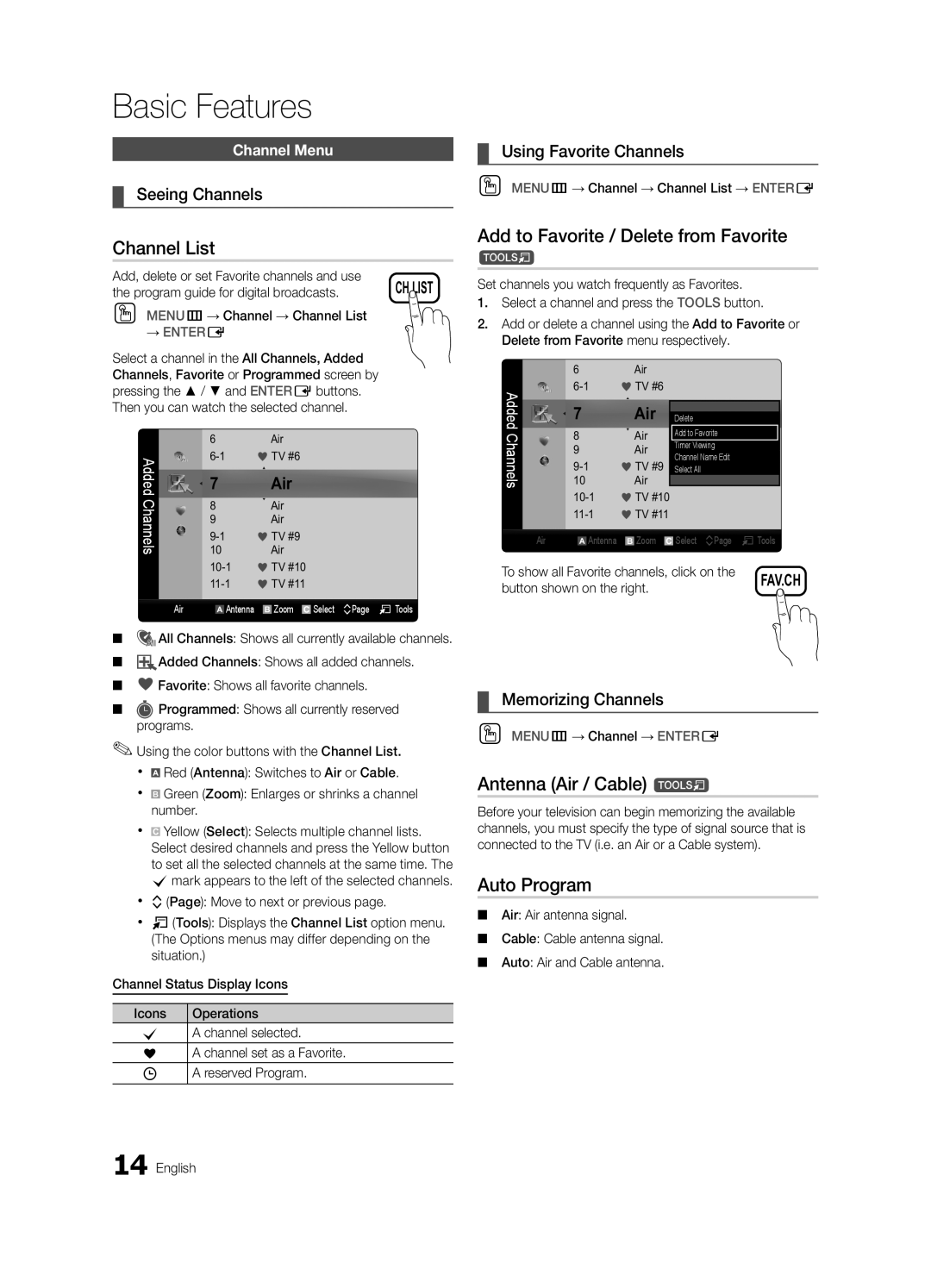 Samsung UN40C5000, Series C5 Channel List, Add to Favorite / Delete from Favorite, Antenna Air / Cable t, Auto Program 