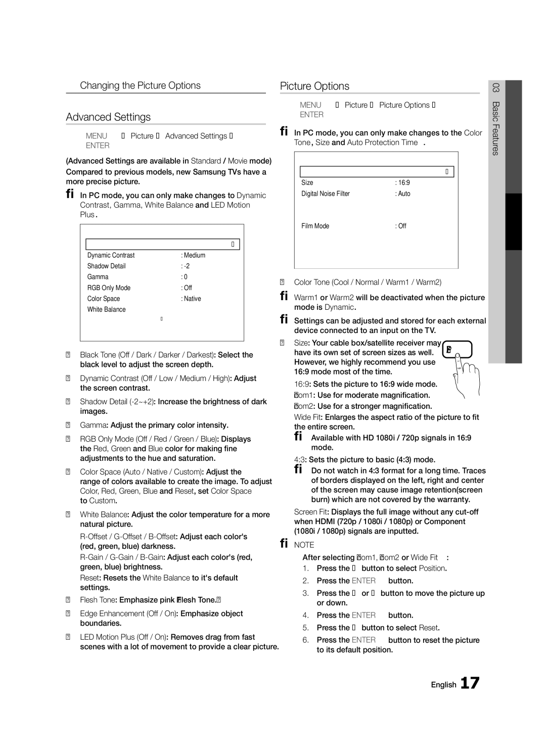 Samsung UN40C5000, BN68-02625B-02, Series C5 user manual Advanced Settings, Changing the Picture Options 