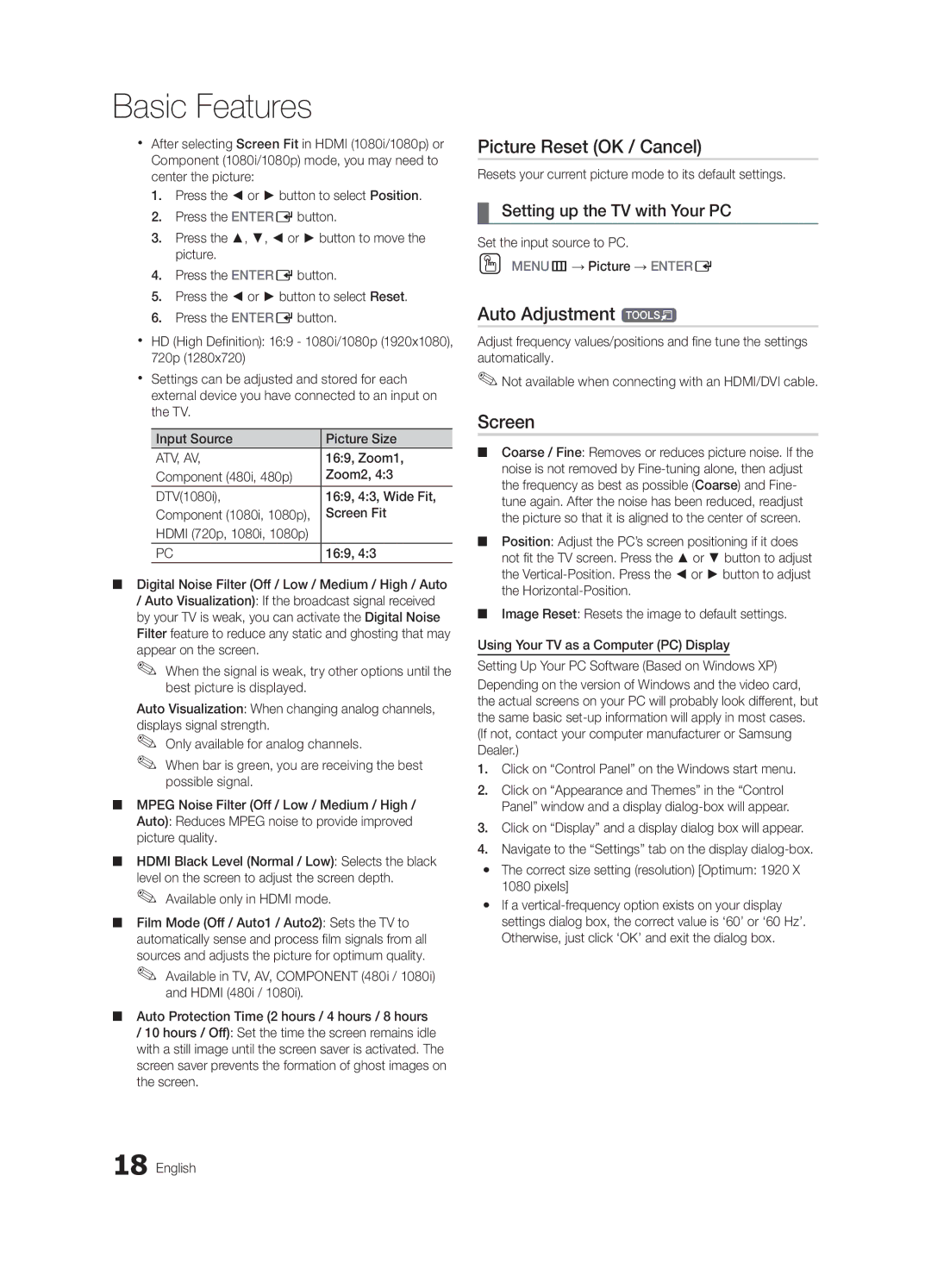Samsung BN68-02625B-02, Series C5 Picture Reset OK / Cancel, Auto Adjustment t, Screen, Setting up the TV with Your PC 