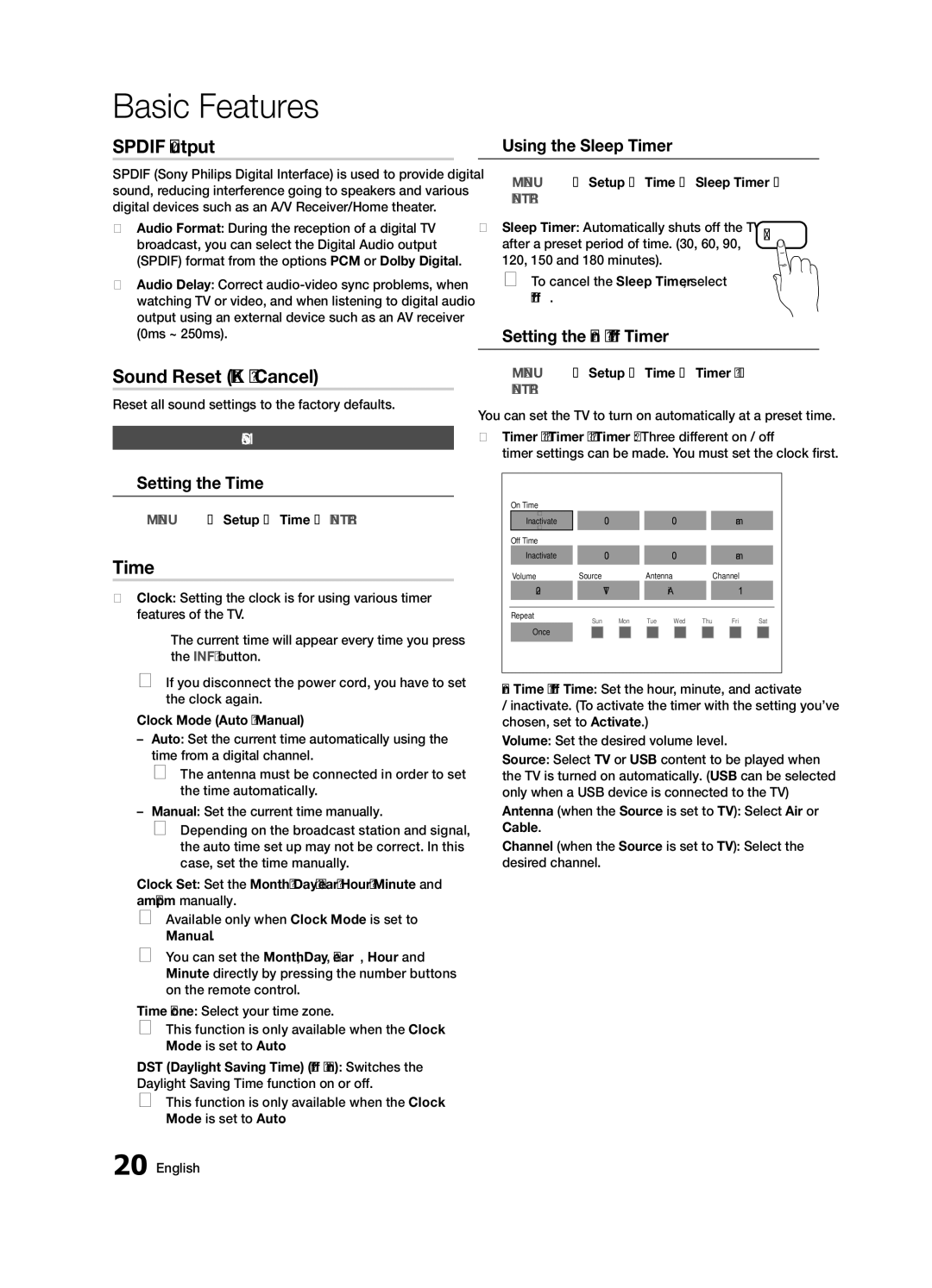 Samsung UN40C5000, BN68-02625B-02, Series C5 user manual Spdif Output, Sound Reset OK / Cancel, Time 