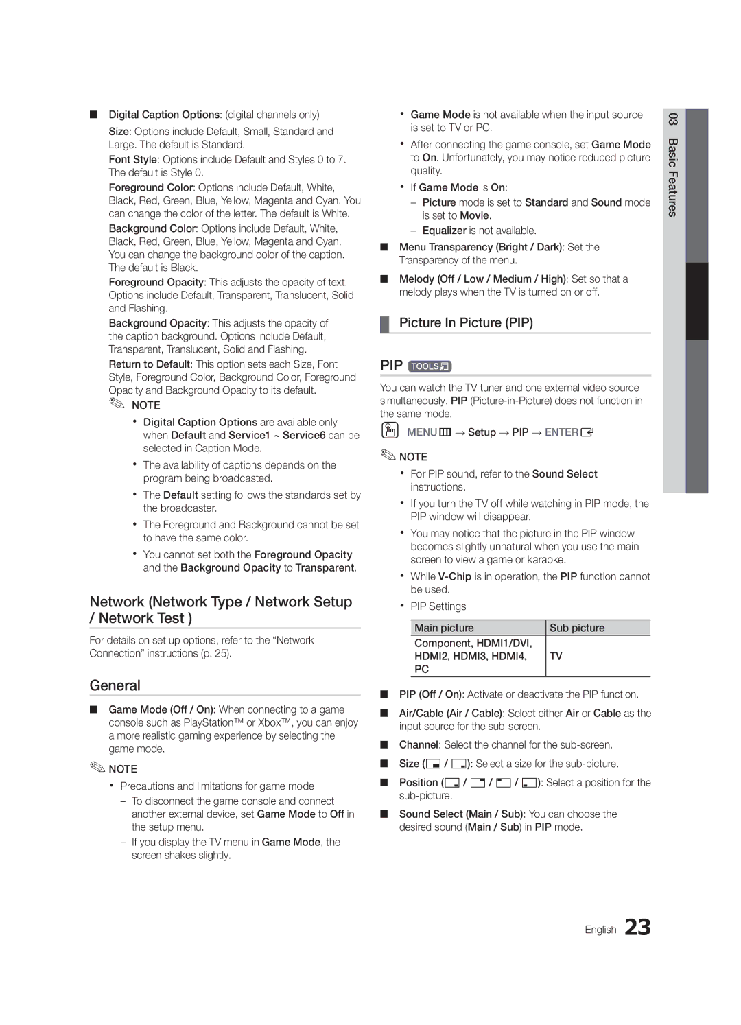 Samsung UN40C5000, Series C5 Network Network Type / Network Setup / Network Test, General, PIP t, Picture In Picture PIP 