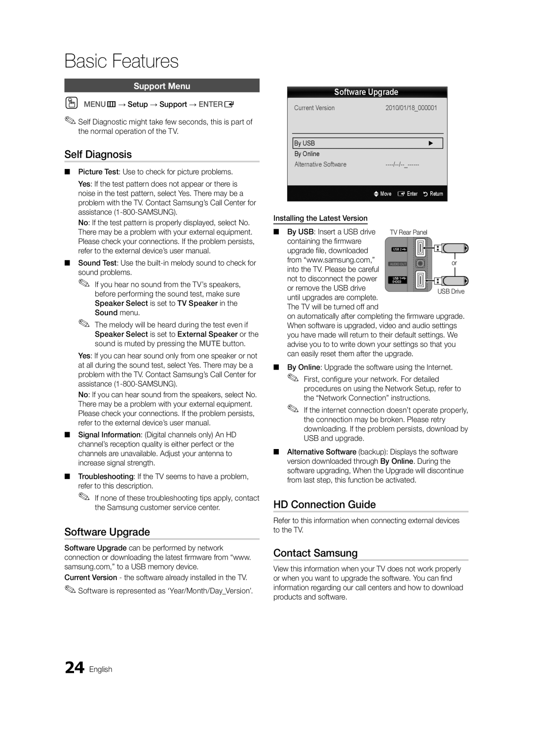 Samsung BN68-02625B-02, Series C5, UN40C5000 Self Diagnosis, Software Upgrade, HD Connection Guide, Contact Samsung 