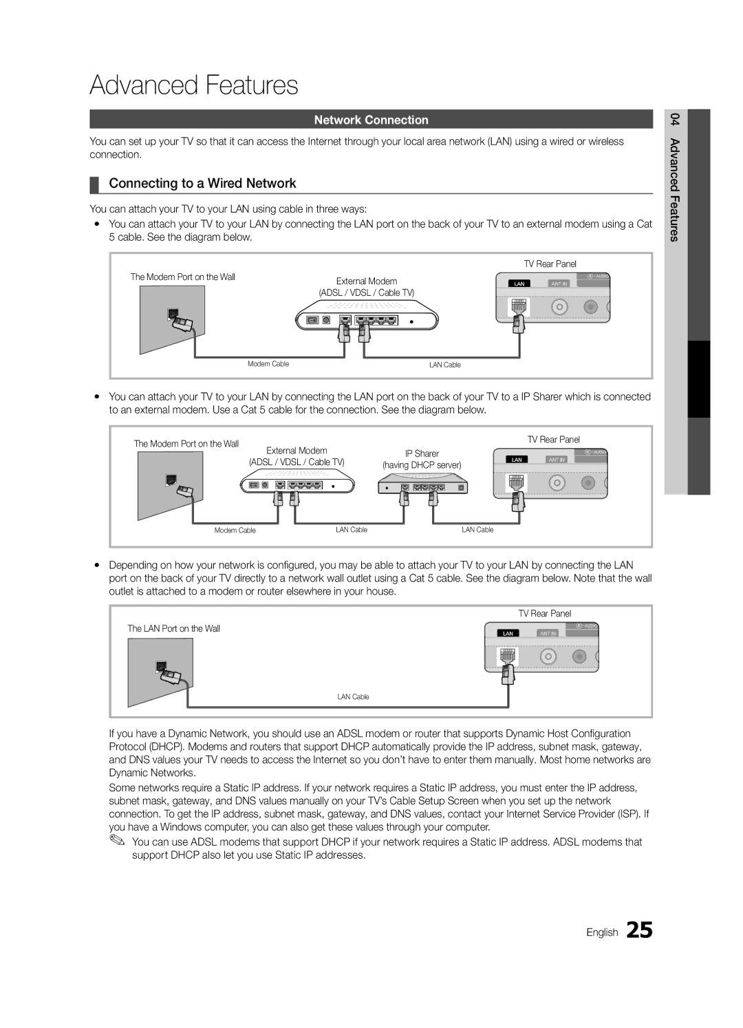 Samsung Series C5, UN40C5000 Advanced Features, Connecting to a Wired Network, Network Connection, Modem Port on the Wall 