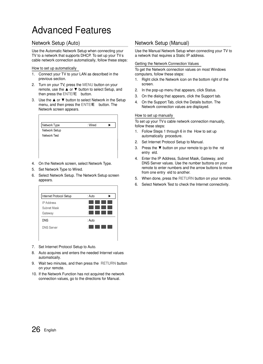 Samsung UN40C5000, BN68-02625B-02 Network Setup Auto, Network Setup Manual, Network Type Wired Network Setup Network Test 