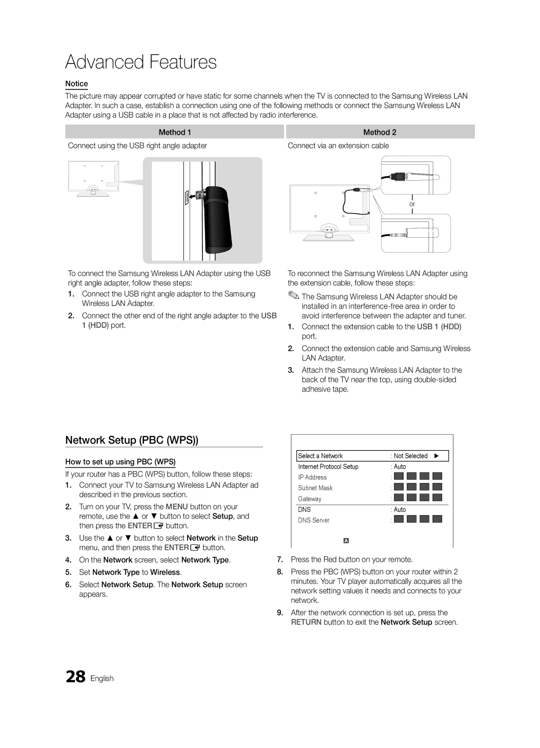 Samsung Series C5, BN68-02625B-02, UN40C5000 user manual Network Setup PBC WPS 