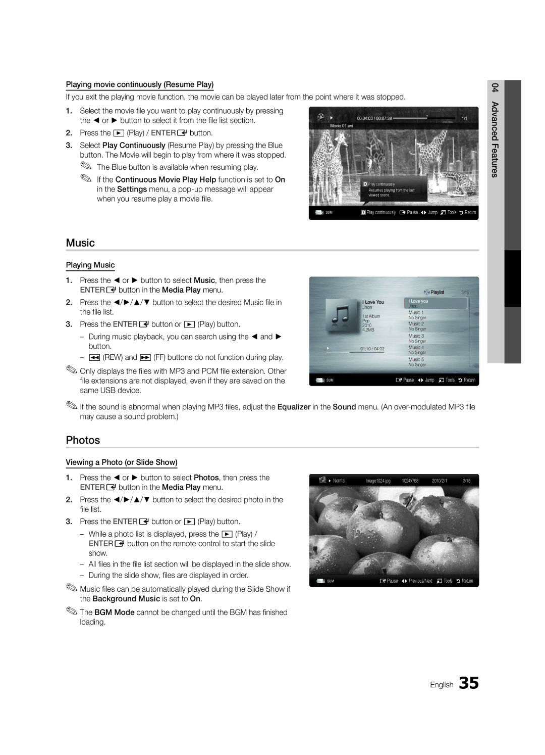 Samsung UN40C5000, BN68-02625B-02, Series C5 user manual Music, Photos 