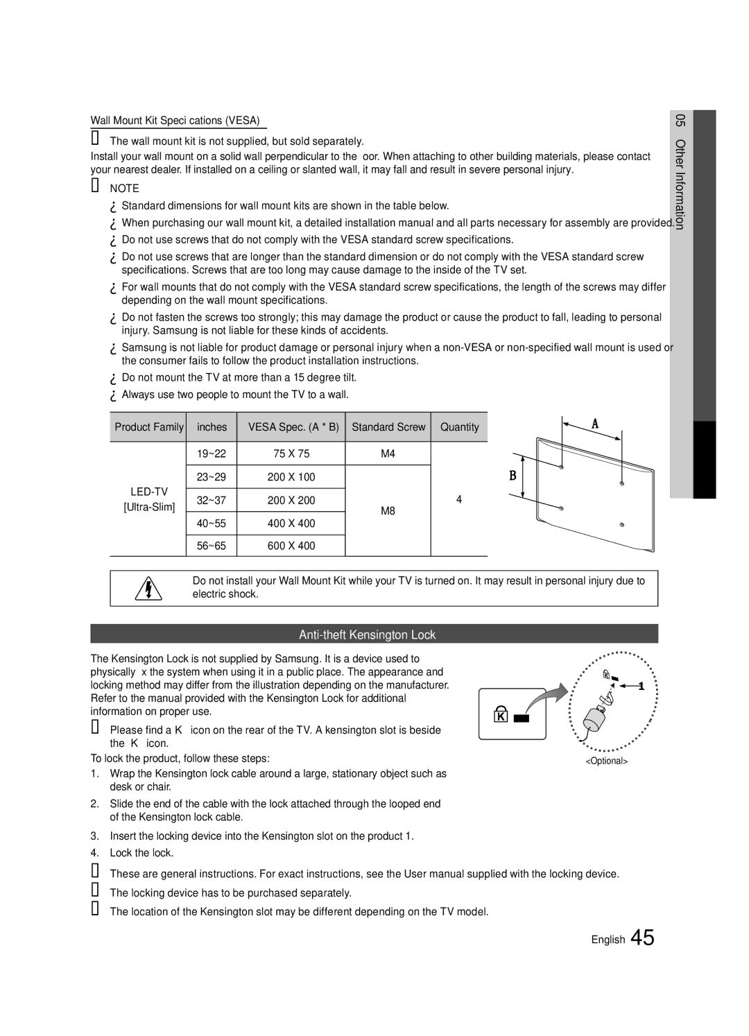 Samsung BN68-02625B-02, Series C5, UN40C5000 user manual Anti-theft Kensington Lock 