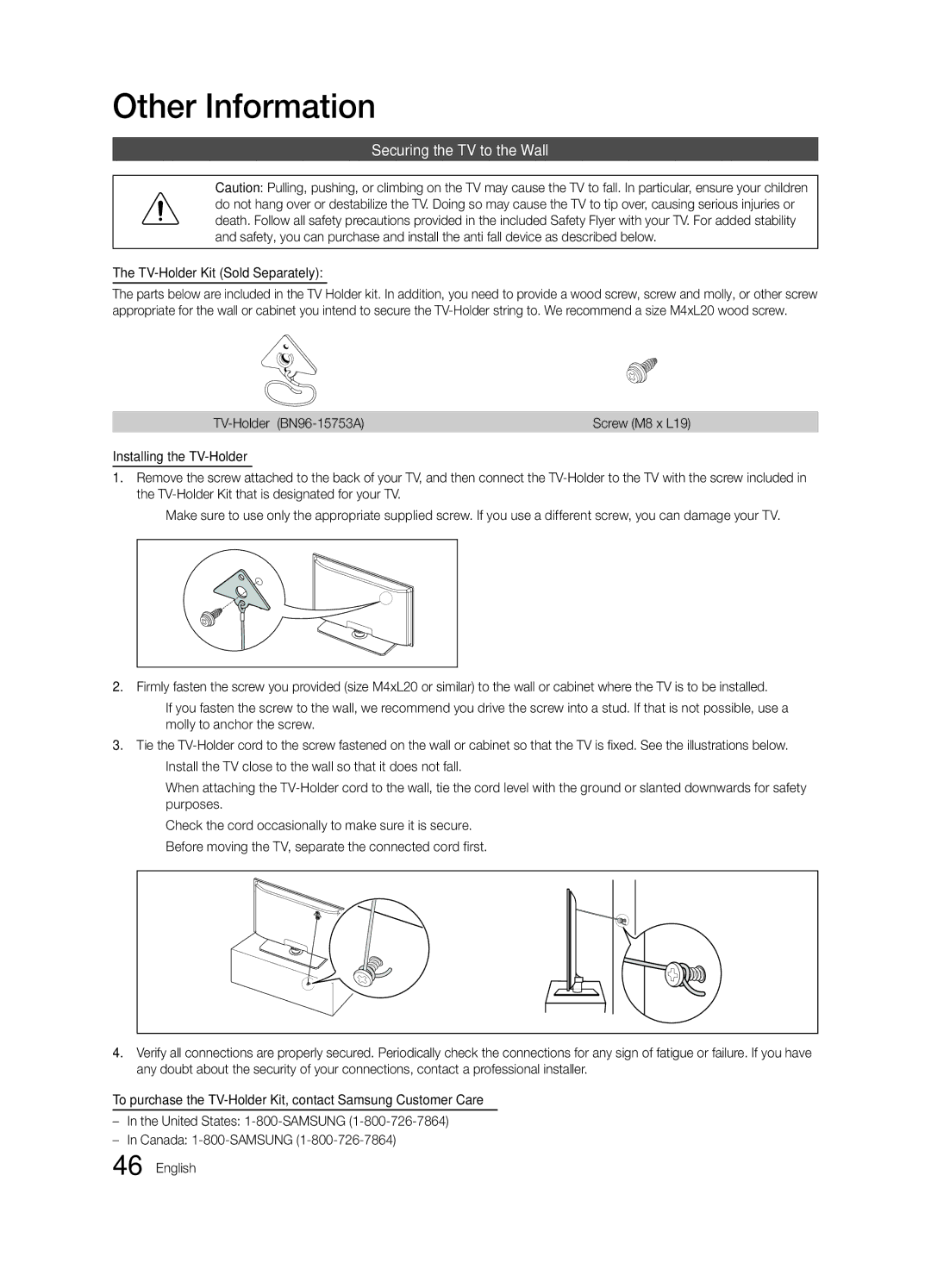 Samsung Series C5 Securing the TV to the Wall, TV-Holder Kit Sold Separately, TV-Holder BN96-15753A, Screw M8 x L19 