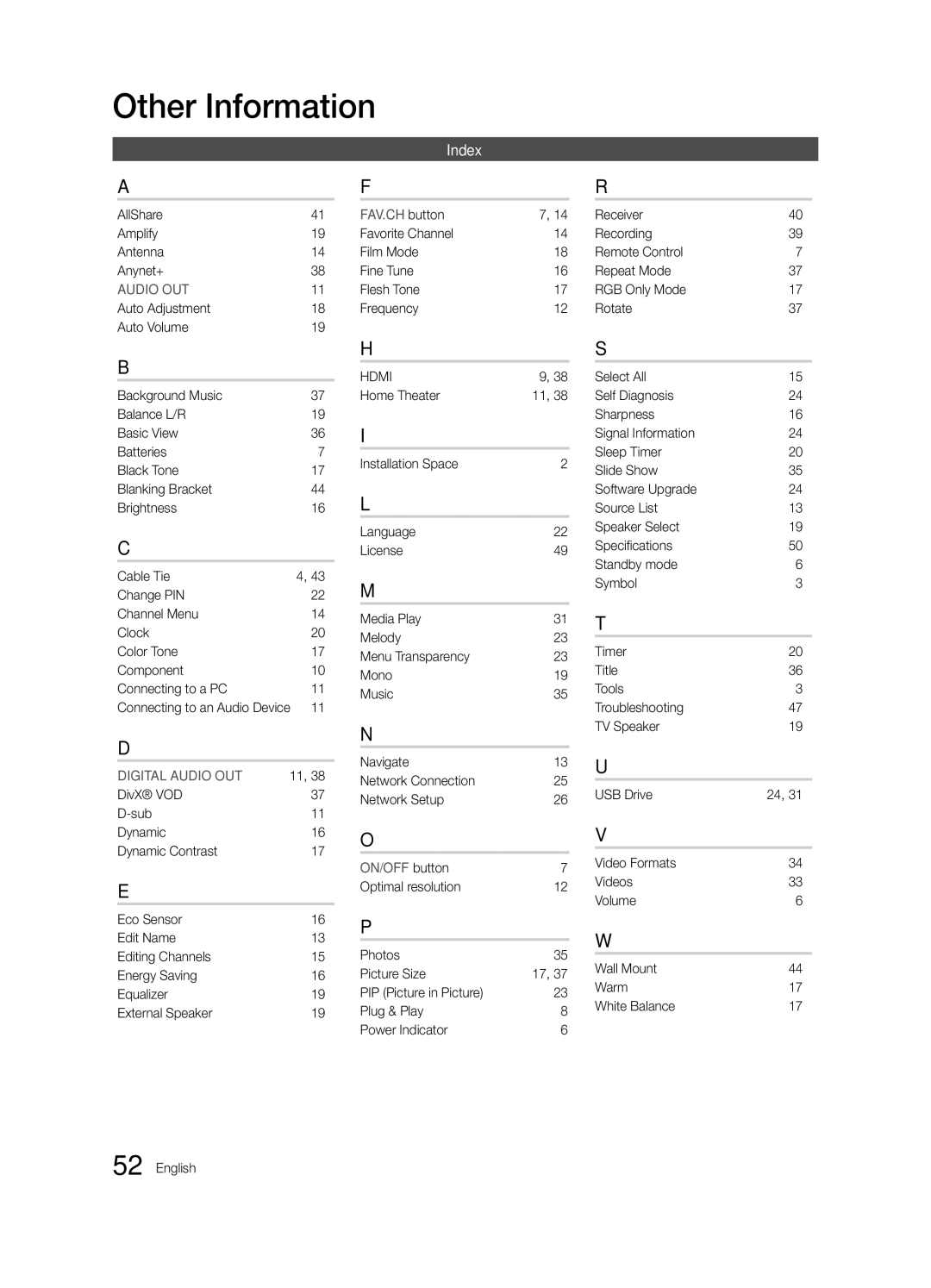 Samsung Series C5 Index, AllShare Amplify Antenna Anynet+, Favorite Channel Film Mode Fine Tune Flesh Tone Frequency 