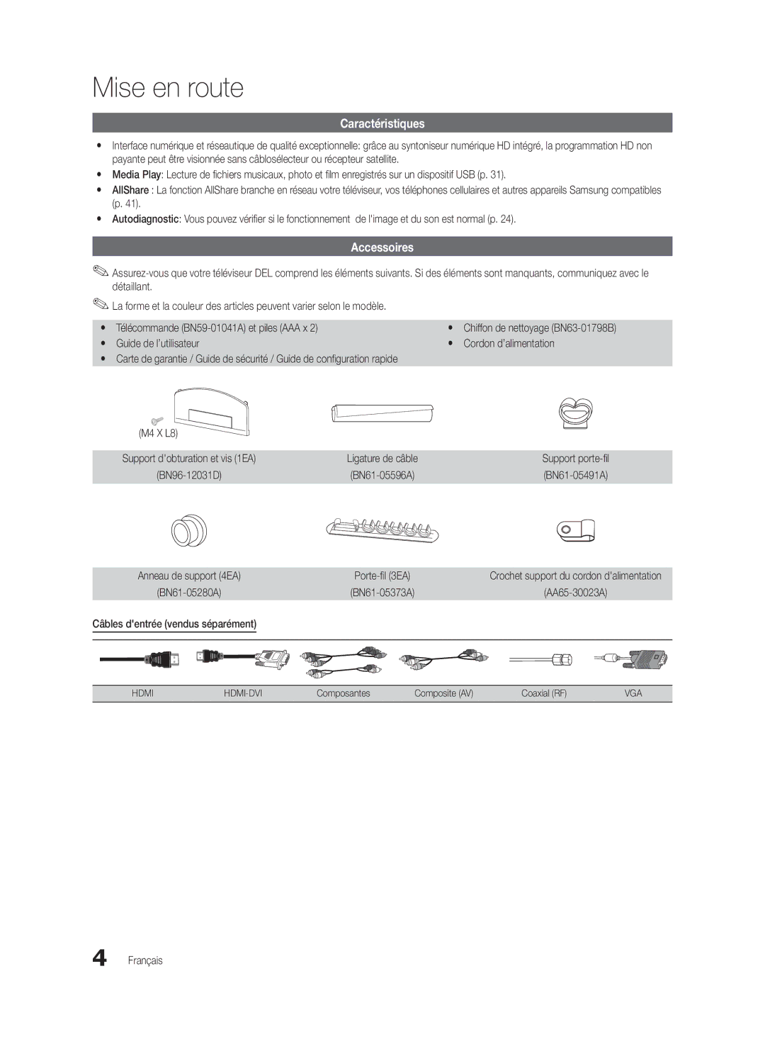 Samsung UN40C5000, BN68-02625B-02, Series C5 user manual Mise en route, Caractéristiques, Accessoires 