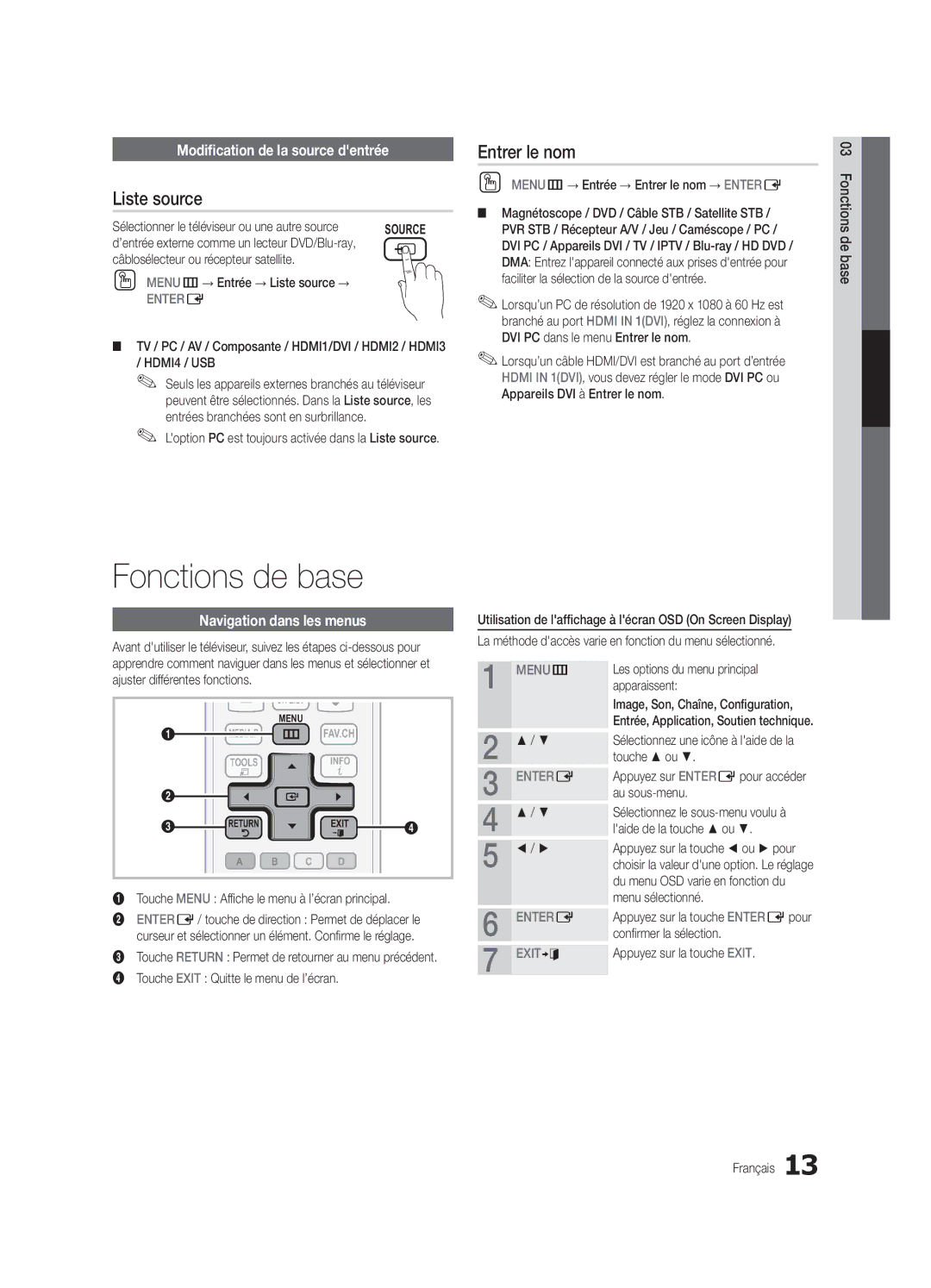 Samsung UN40C5000, BN68-02625B-02 Fonctions de base, Liste source, Entrer le nom, Modification de la source dentrée 