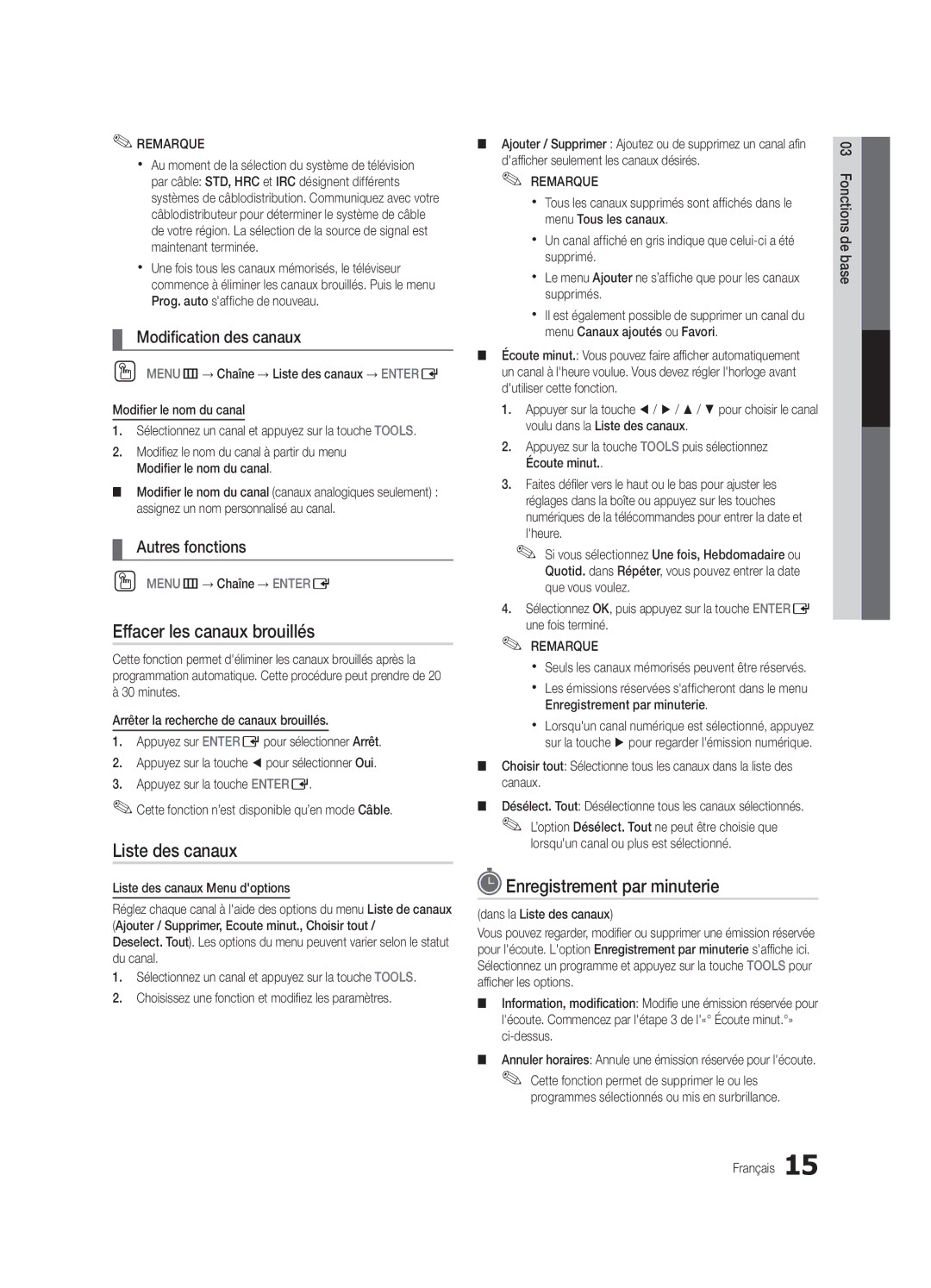 Samsung Series C5 Effacer les canaux brouillés, Enregistrement par minuterie, Modification des canaux, Autres fonctions 