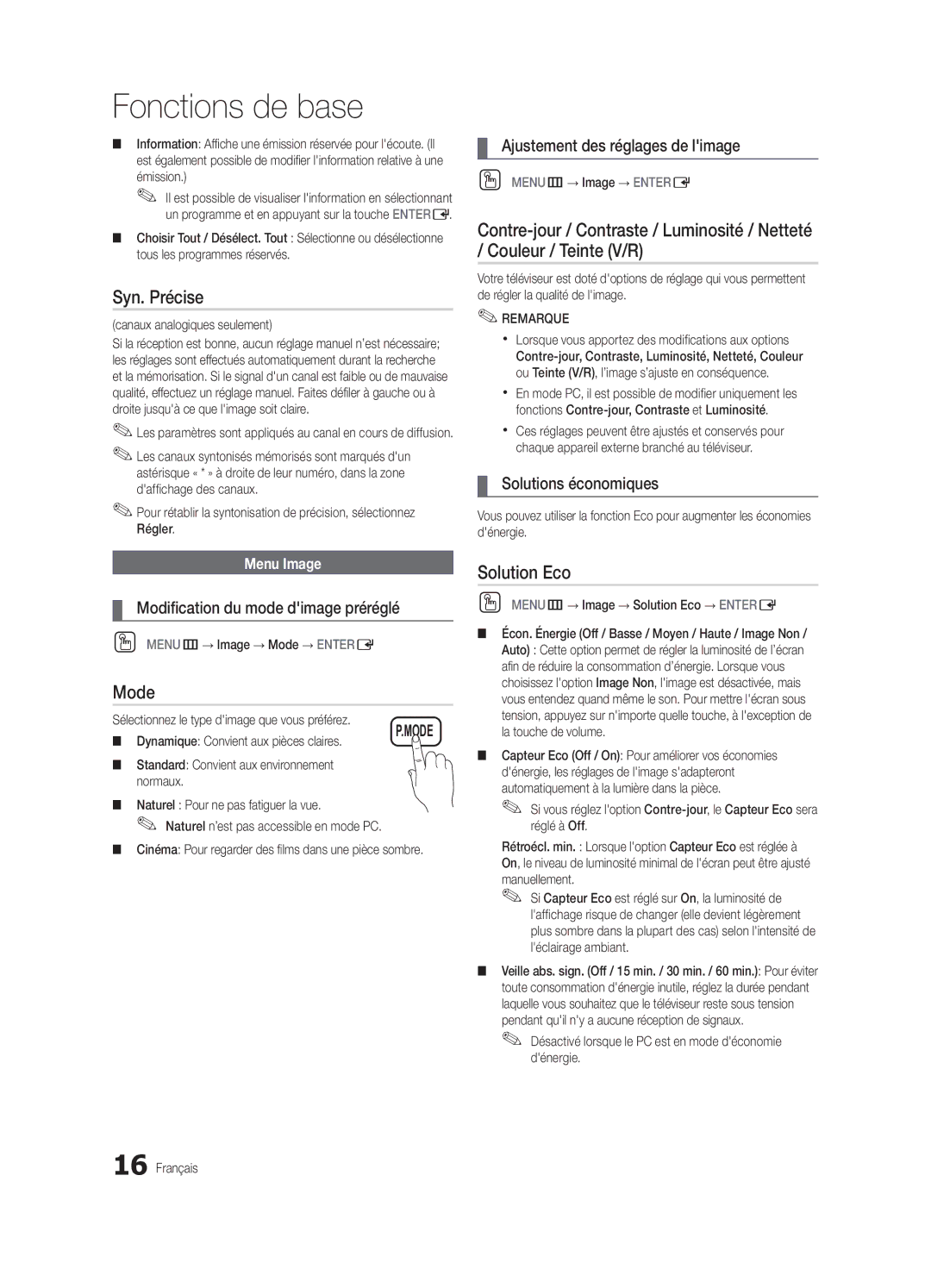 Samsung UN40C5000, BN68-02625B-02 Syn. Précise, Solution Eco, Ajustement des réglages de limage, Solutions économiques 