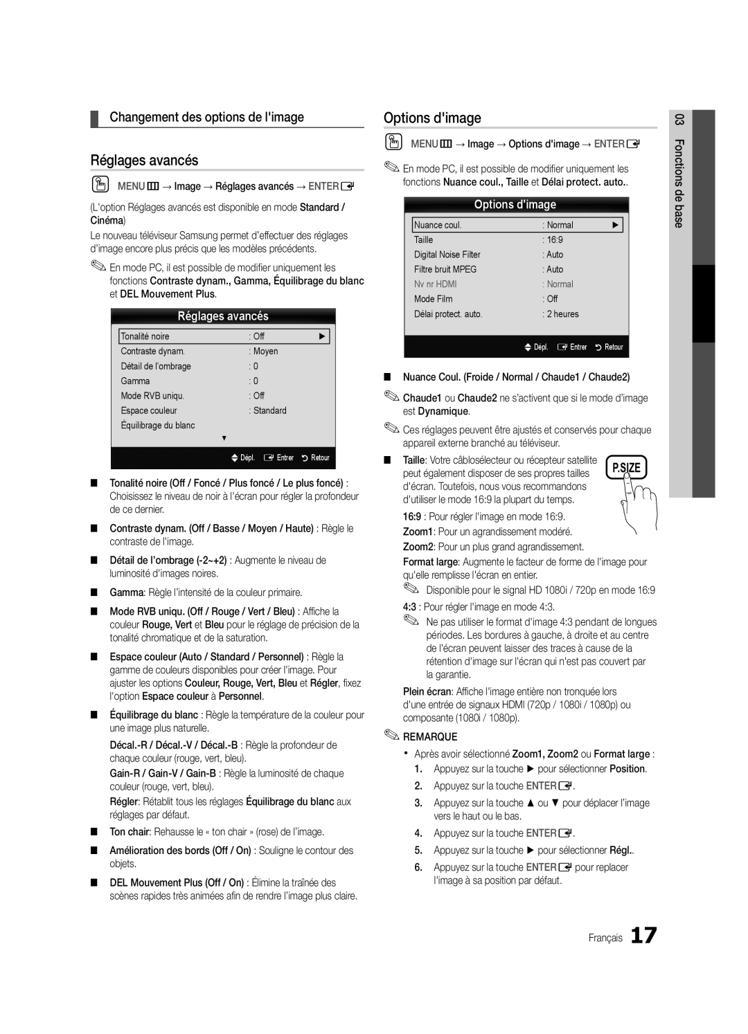 Samsung BN68-02625B-02, Series C5, UN40C5000 user manual Réglages avancés, Options dimage, Changement des options de limage 