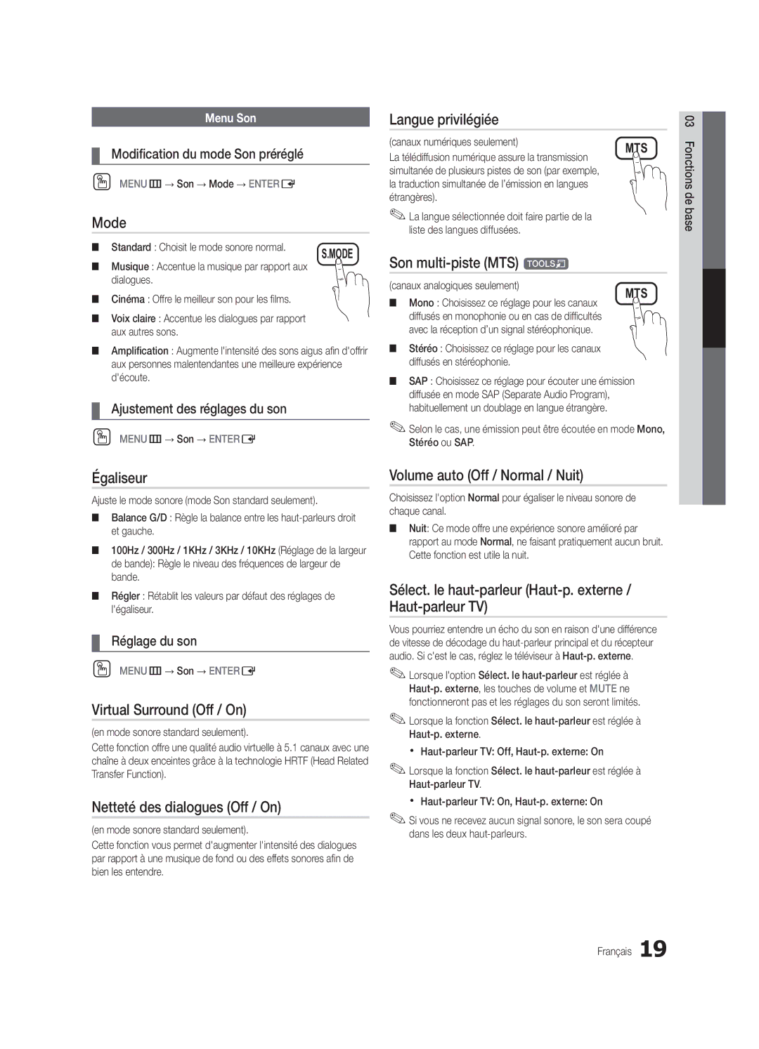 Samsung UN40C5000, BN68-02625B-02 Langue privilégiée, Son multi-piste MTS t, Égaliseur, Netteté des dialogues Off / On 