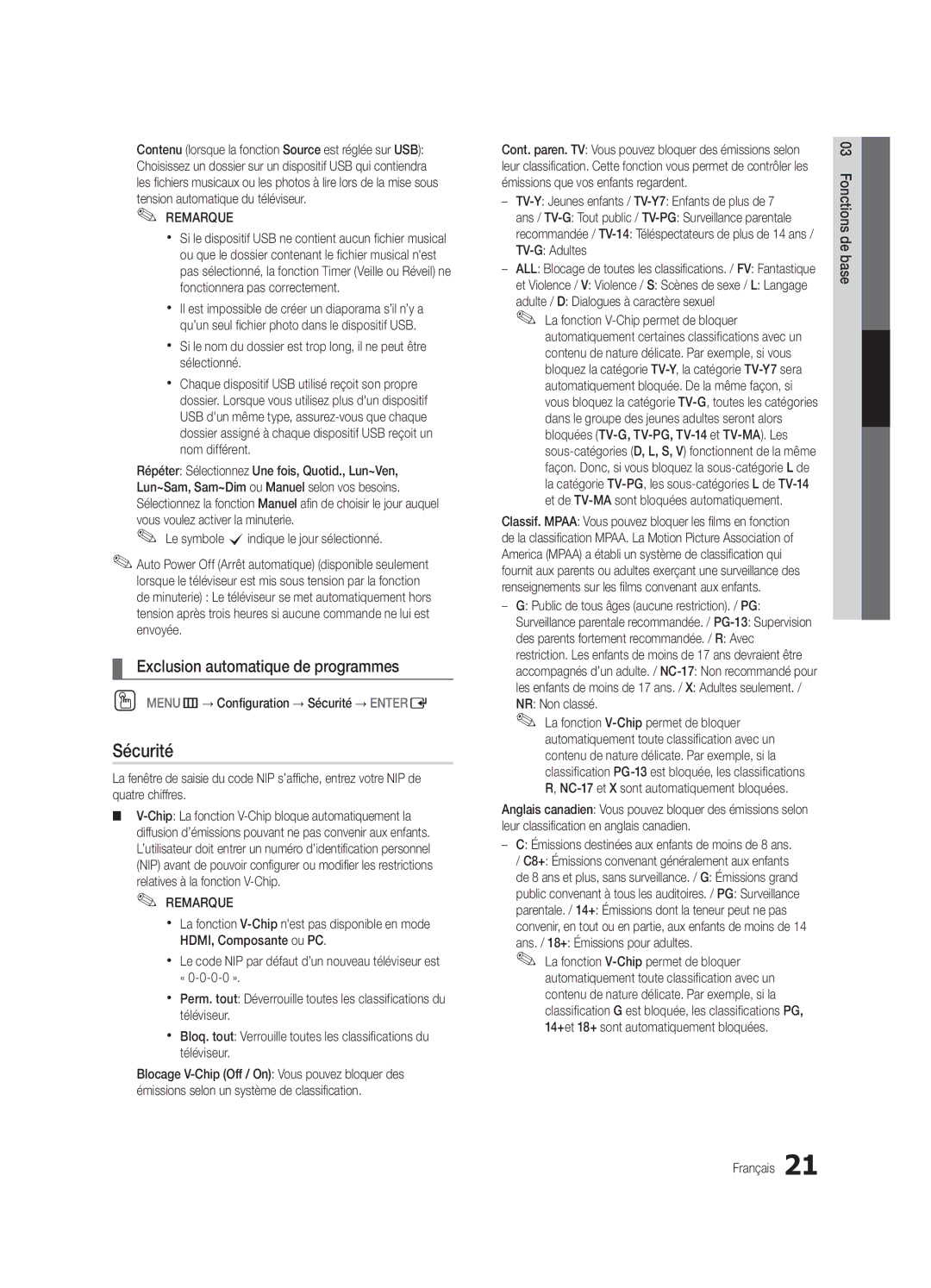 Samsung Series C5, BN68-02625B-02, UN40C5000 user manual Sécurité, Exclusion automatique de programmes 