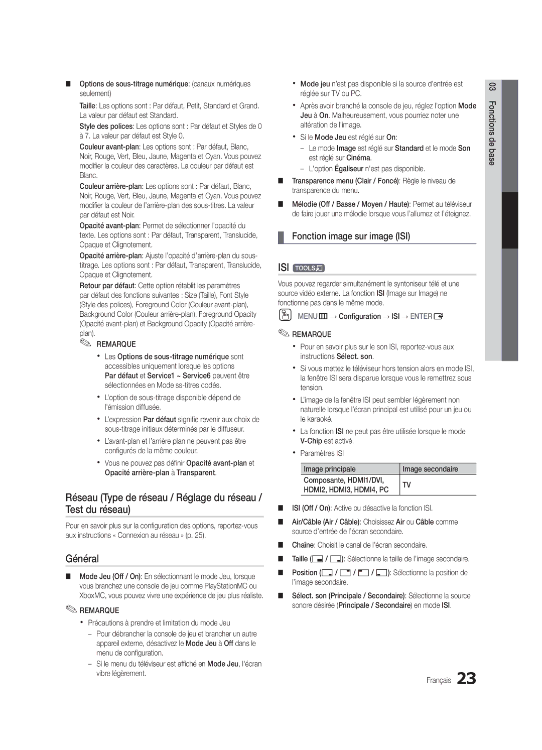 Samsung BN68-02625B-02, Series C5, UN40C5000 Réseau Type de réseau / Réglage du réseau / Test du réseau, Général, ISI t 