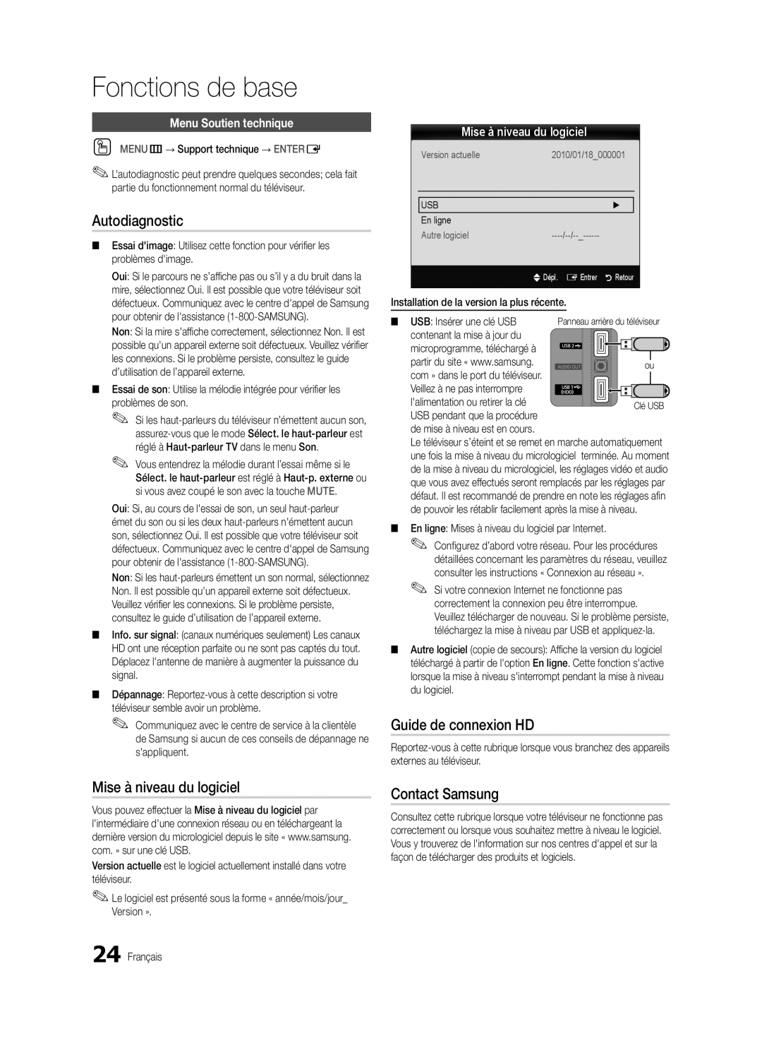 Samsung Series C5, BN68-02625B-02 Autodiagnostic, Mise à niveau du logiciel, Guide de connexion HD, Menu Soutien technique 