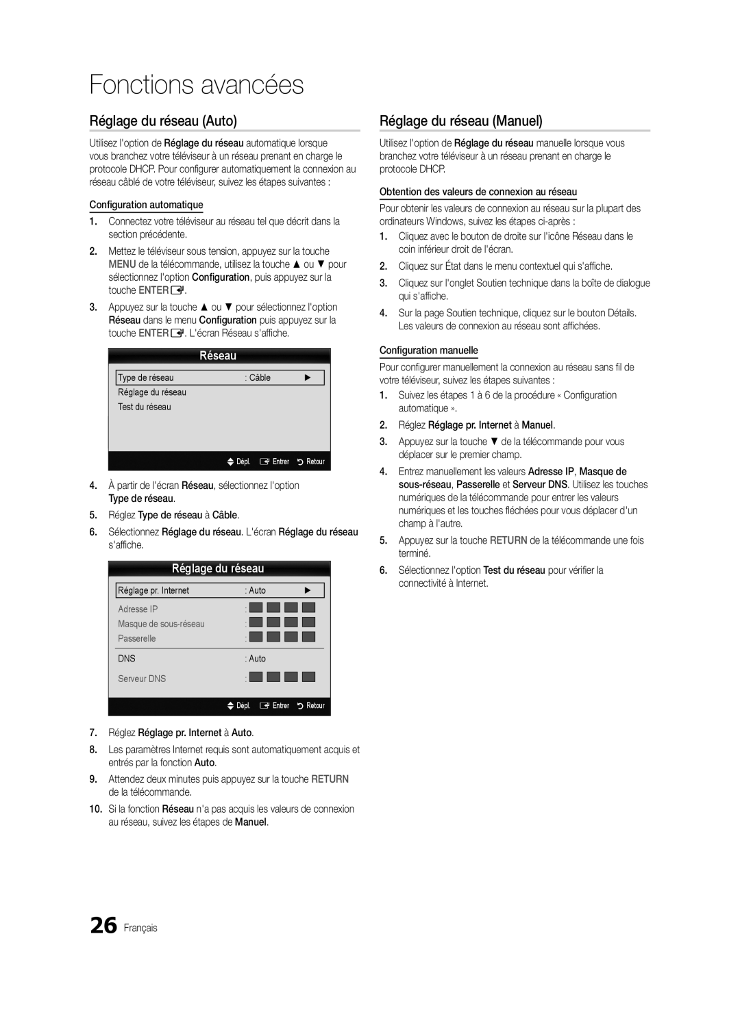 Samsung BN68-02625B-02, Series C5, UN40C5000 user manual Réglage du réseau Auto, Réglage du réseau Manuel, Réseau 