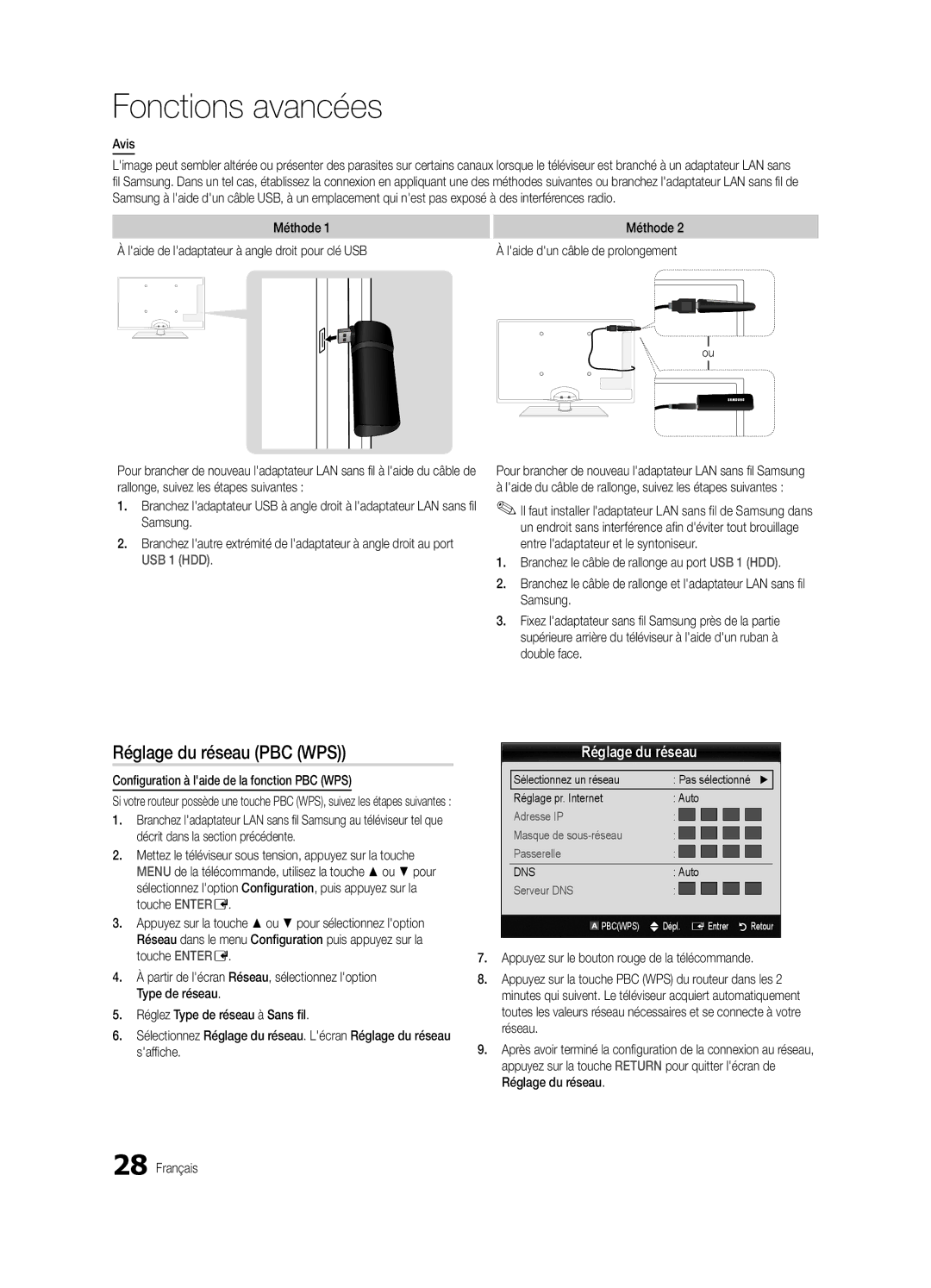 Samsung UN40C5000, BN68-02625B-02, Series C5 Réglage du réseau PBC WPS, Avis, Configuration à laide de la fonction PBC WPS 