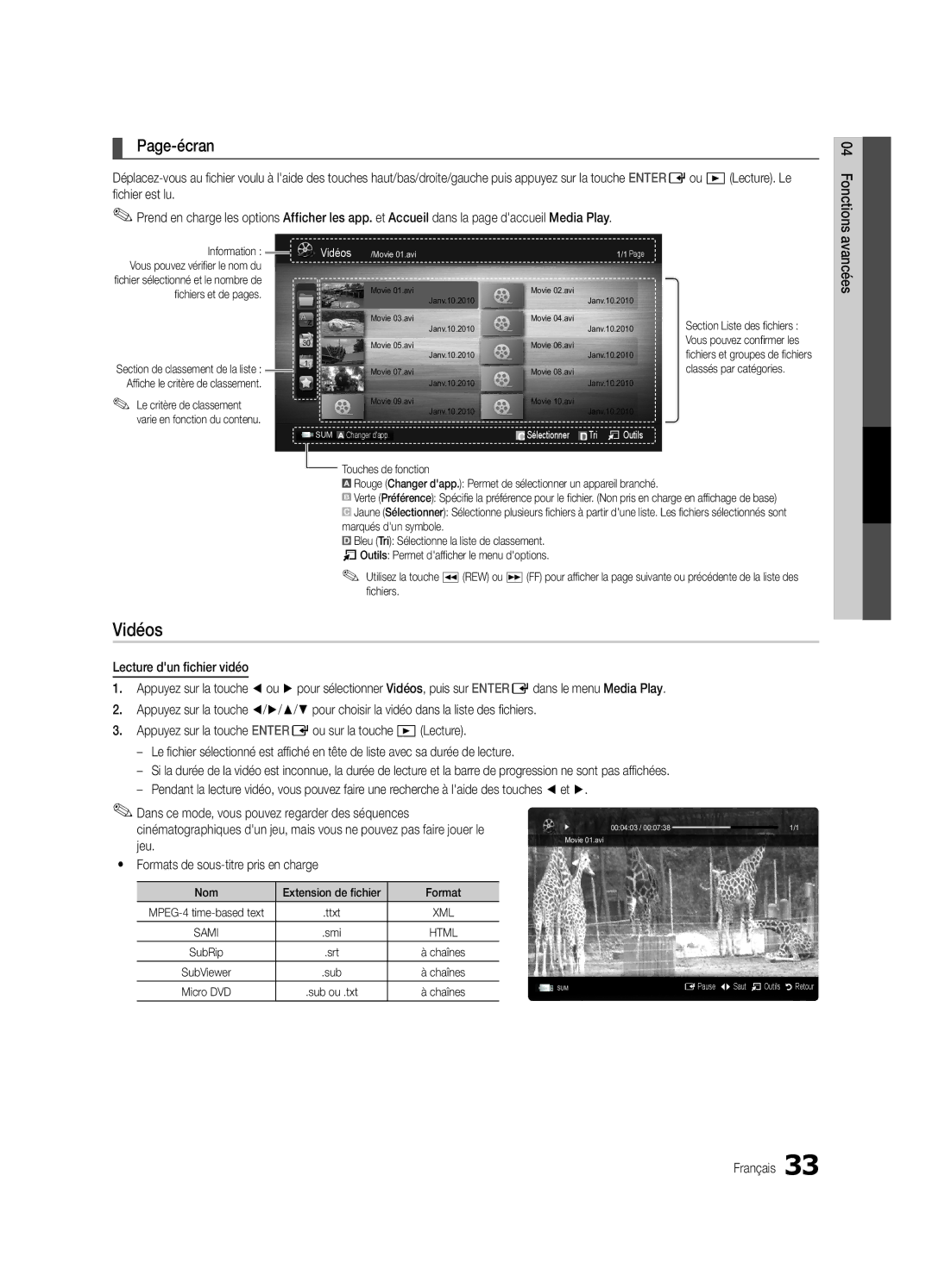Samsung Series C5, BN68-02625B-02, UN40C5000 user manual Vidéos, Page-écran, Jeu, Yy Formats de sous-titre pris en charge 