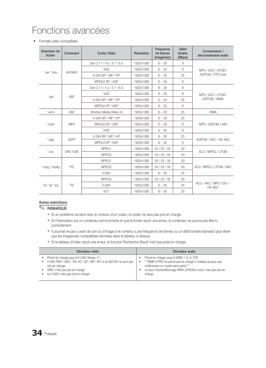 Samsung UN40C5000, BN68-02625B-02, Series C5 Yy Formats vidéo compatibles, Extension de Fréquence Débit Compression 