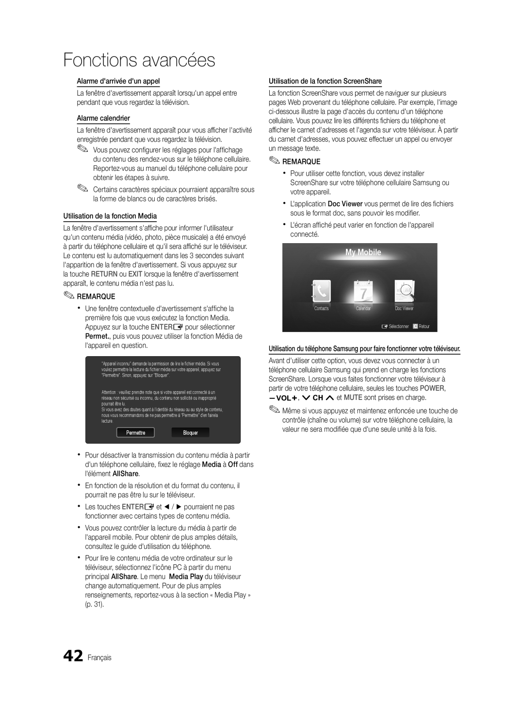 Samsung Series C5, BN68-02625B-02, UN40C5000 Alarme darrivée dun appel, Alarme calendrier, Utilisation de la fonction Media 