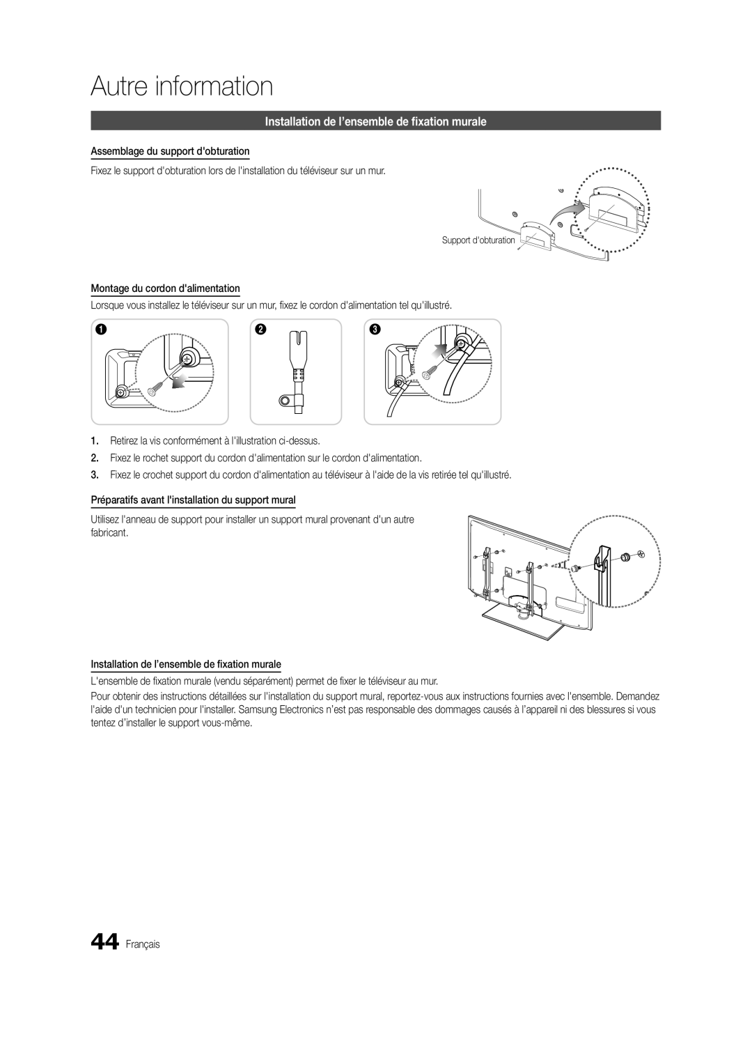 Samsung BN68-02625B-02, Series C5, UN40C5000 user manual Installation de l’ensemble de fixation murale, Support dobturation 