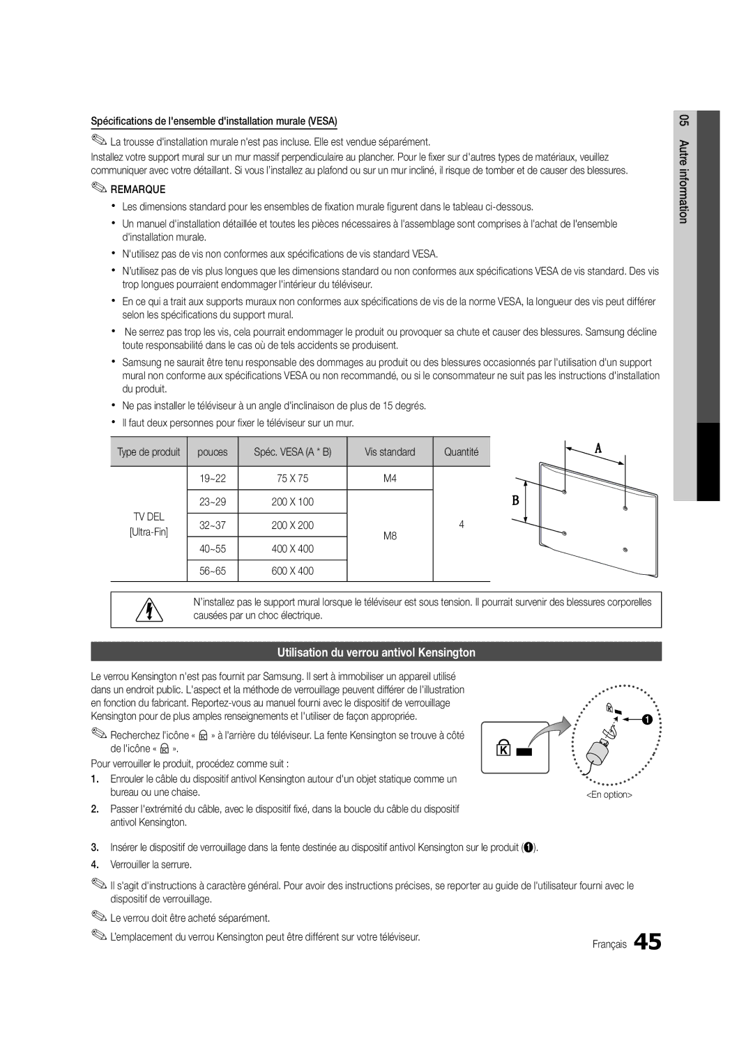 Samsung Series C5 Utilisation du verrou antivol Kensington, Pouces, Vis standard Quantité, Verrouiller la serrure 