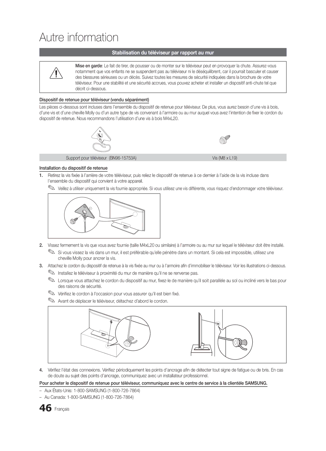 Samsung UN40C5000, BN68-02625B-02, Series C5 user manual Stabilisation du téléviseur par rapport au mur 