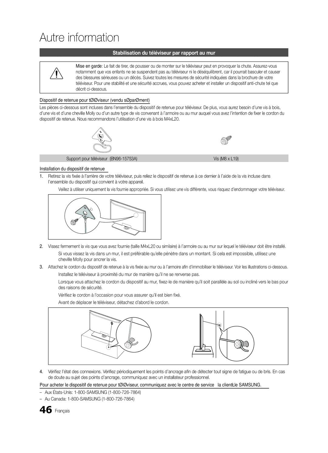 Samsung BN68-02625B-03 user manual Stabilisation du téléviseur par rapport au mur 