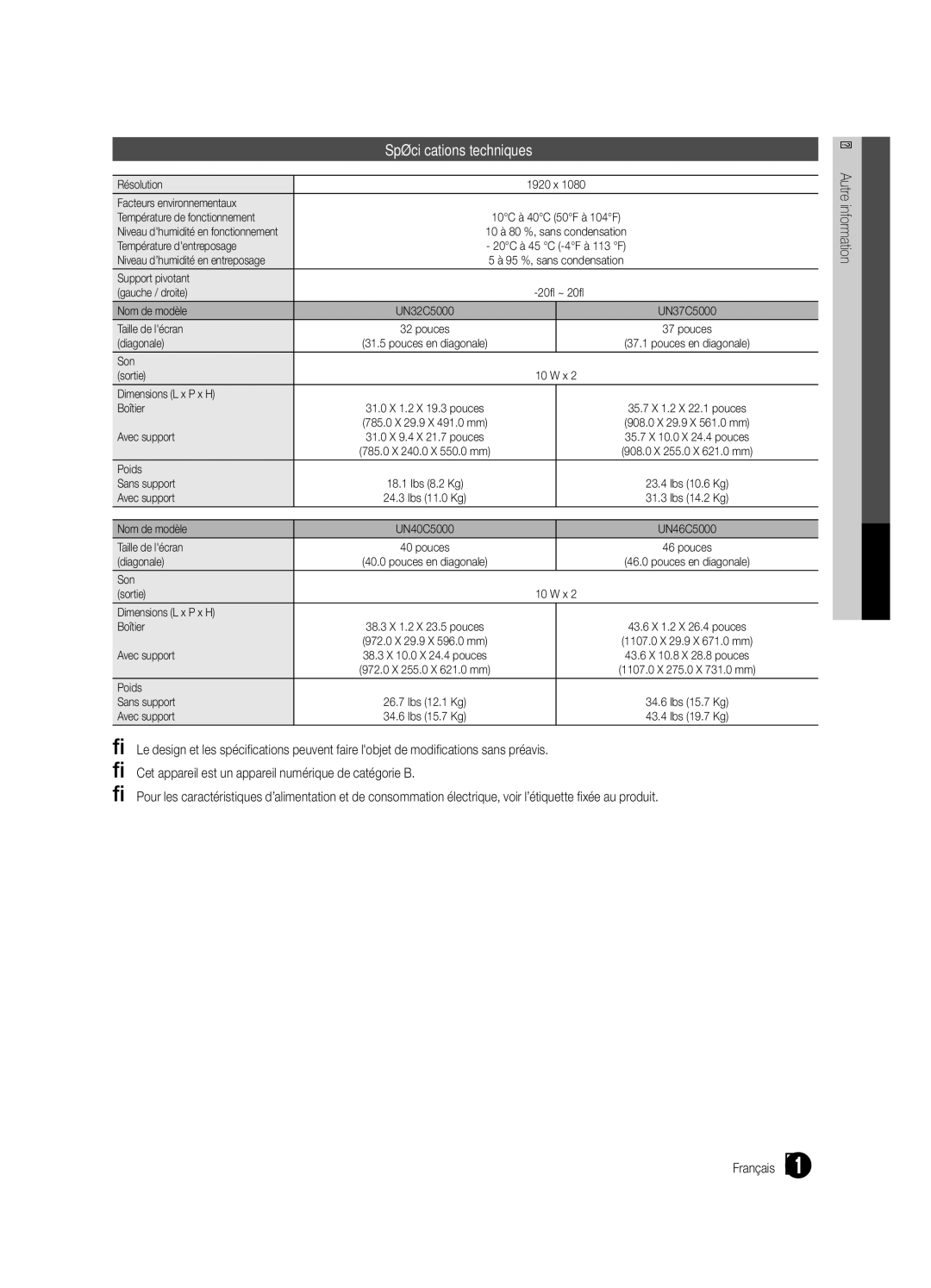 Samsung BN68-02625B-03 user manual Spécifications techniques 