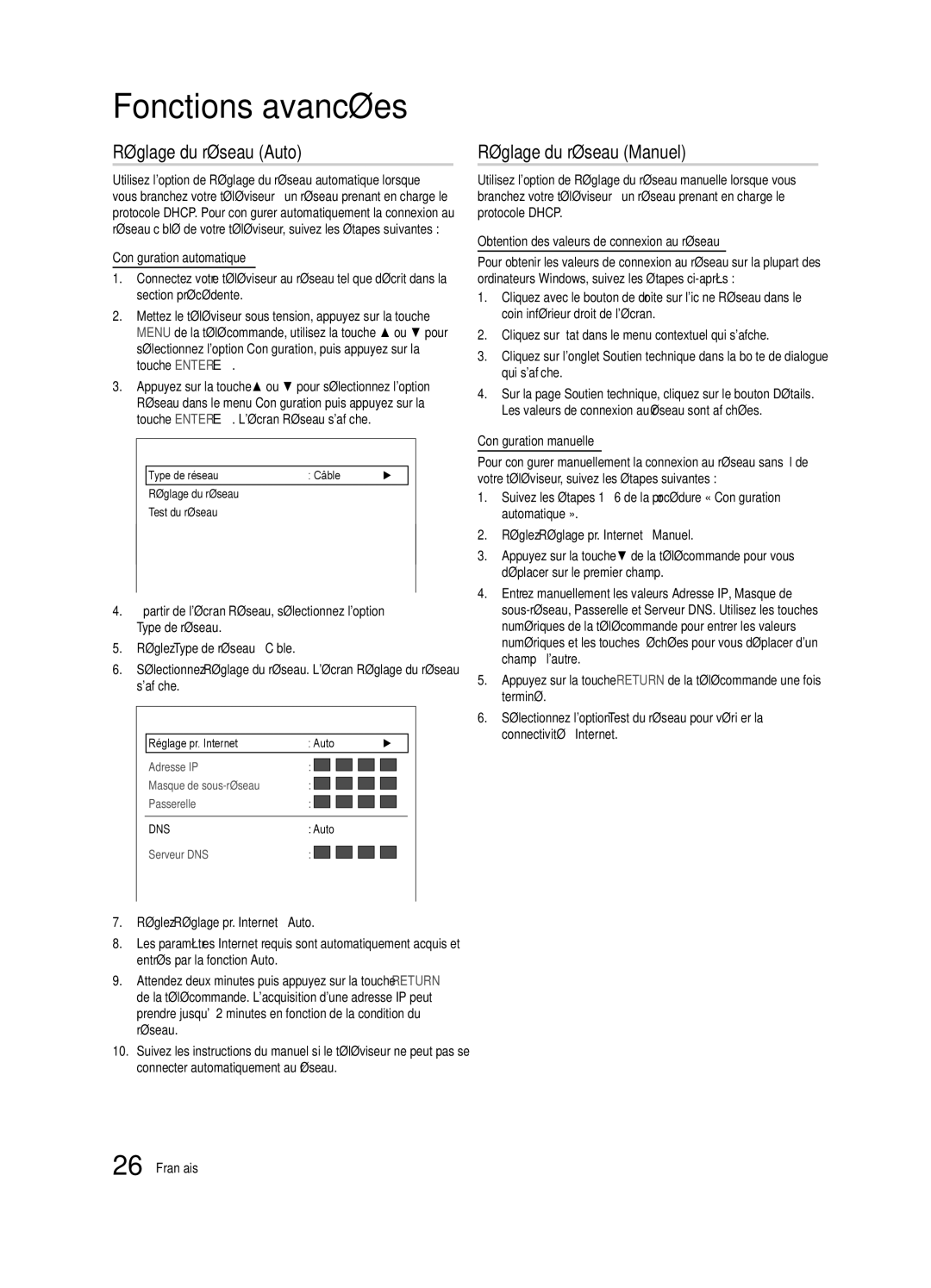 Samsung BN68-02625B-03 user manual Réglage du réseau Auto, Réglage du réseau Manuel, Réseau 