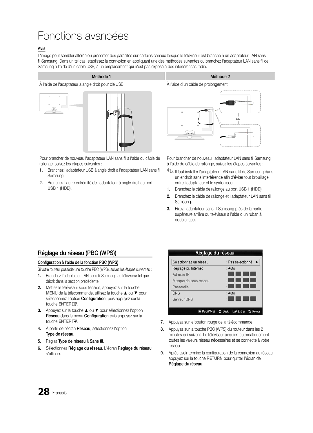 Samsung BN68-02625B-03 user manual Réglage du réseau PBC WPS, Avis, Configuration à laide de la fonction PBC WPS 