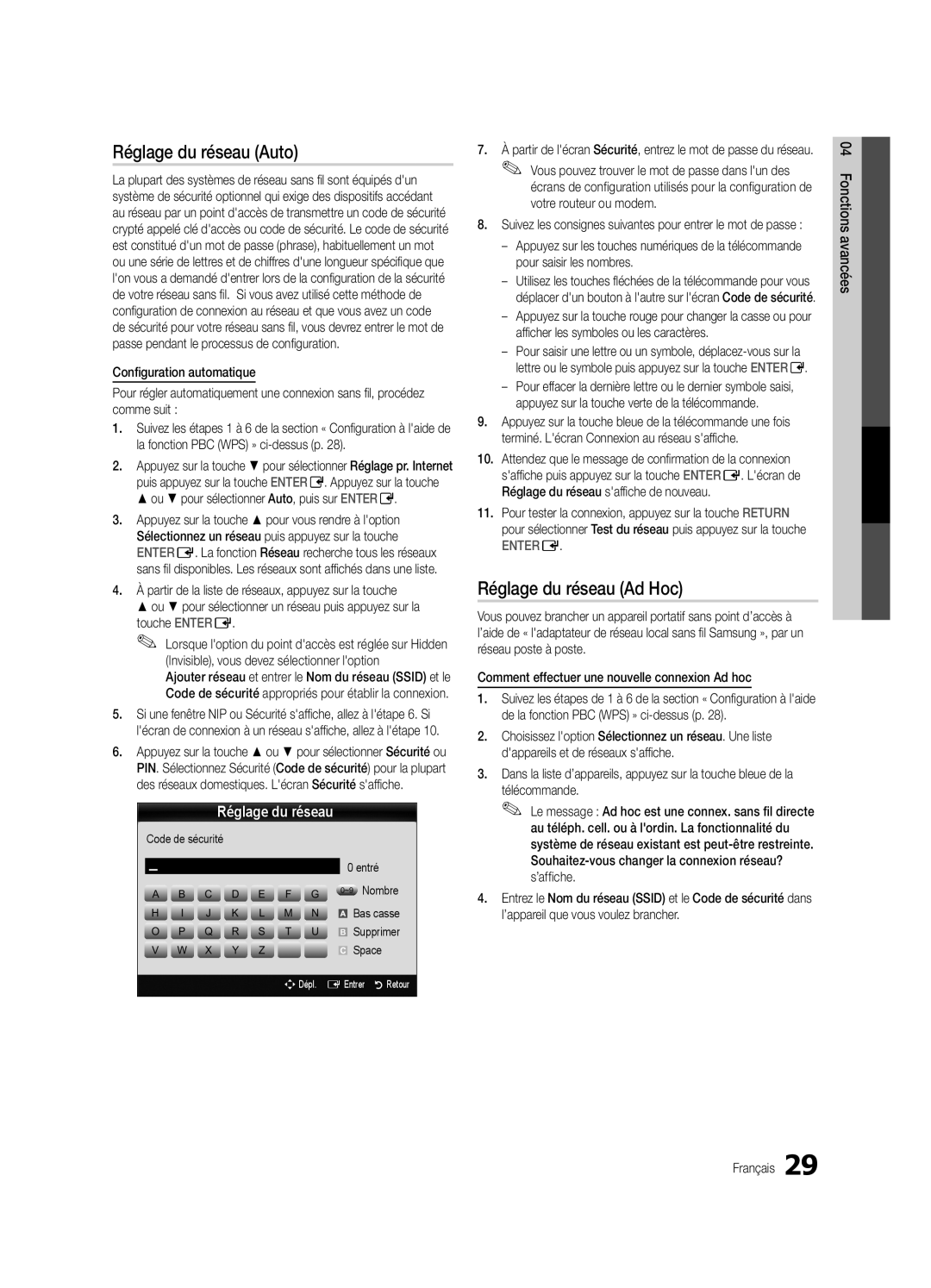 Samsung BN68-02625B-03 user manual Réglage du réseau Ad Hoc, Ou pour sélectionner Auto, puis sur Entere 