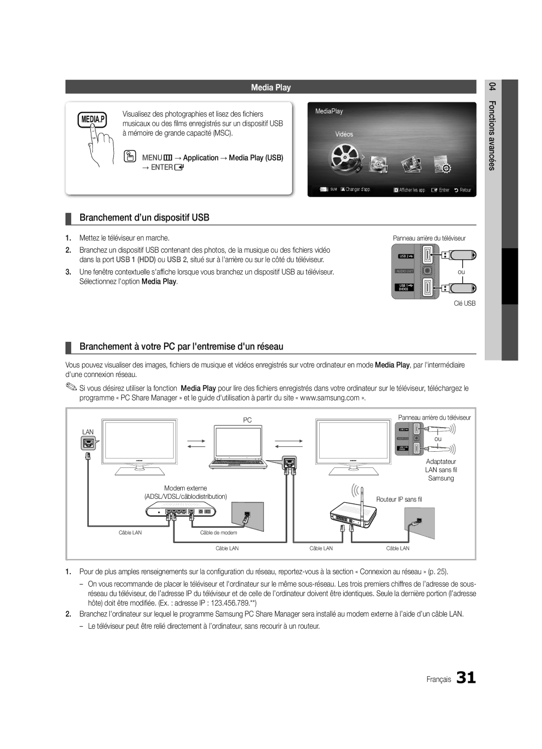 Samsung BN68-02625B-03 user manual Branchement d’un dispositif USB, Branchement à votre PC par lentremise dun réseau 