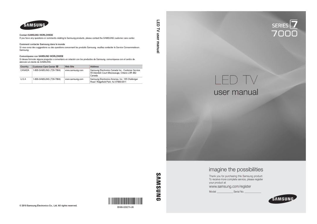 Samsung UN46C7000, BN68-02627A-06, Series C7 user manual Samsung Electronics Canada Inc., Customer Service 