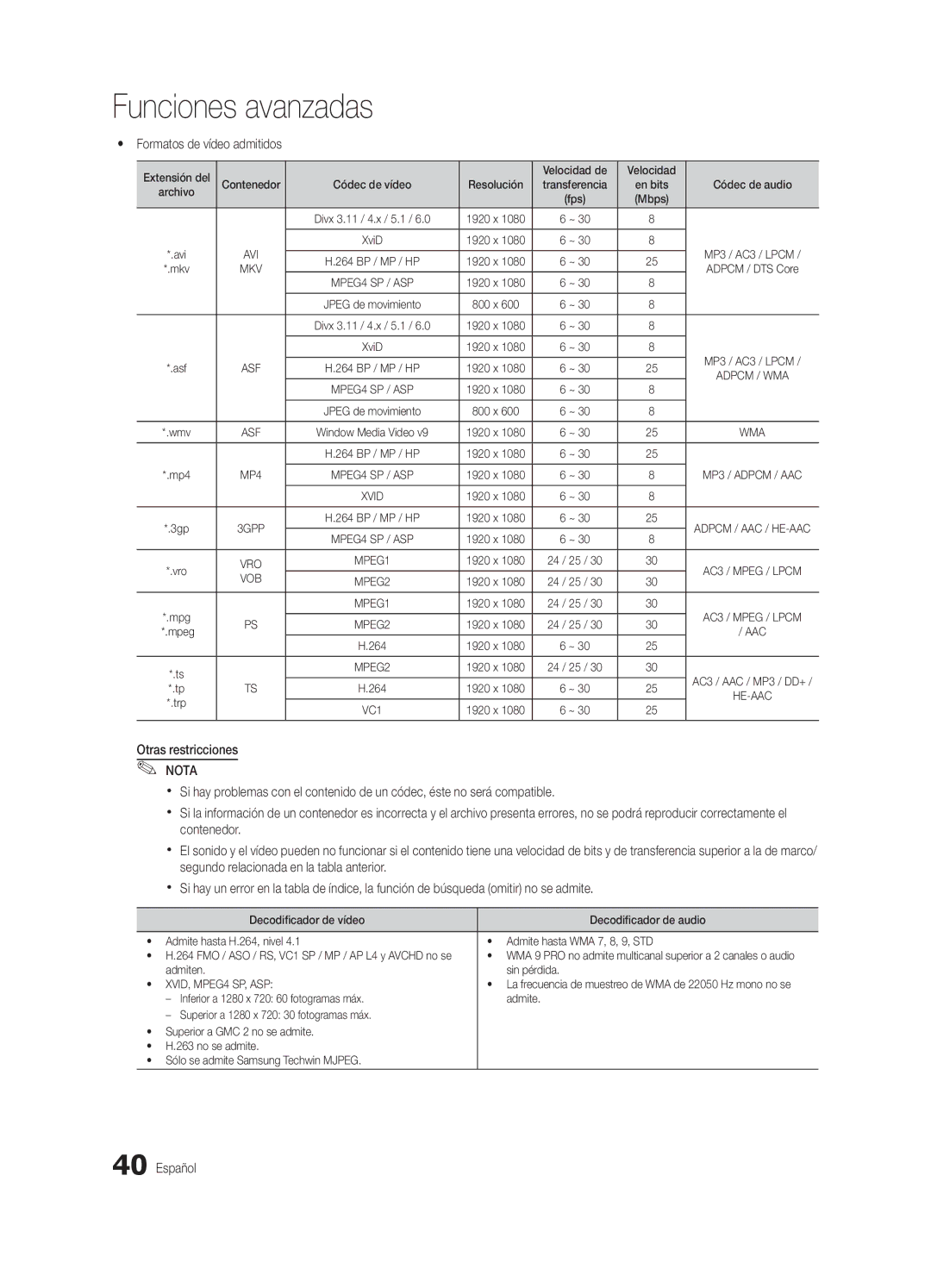 Samsung UN46C7000, BN68-02627A-06 Yy Formatos de vídeo admitidos, Extensión del Velocidad de, 1920 x, Admiten Sin pérdida 