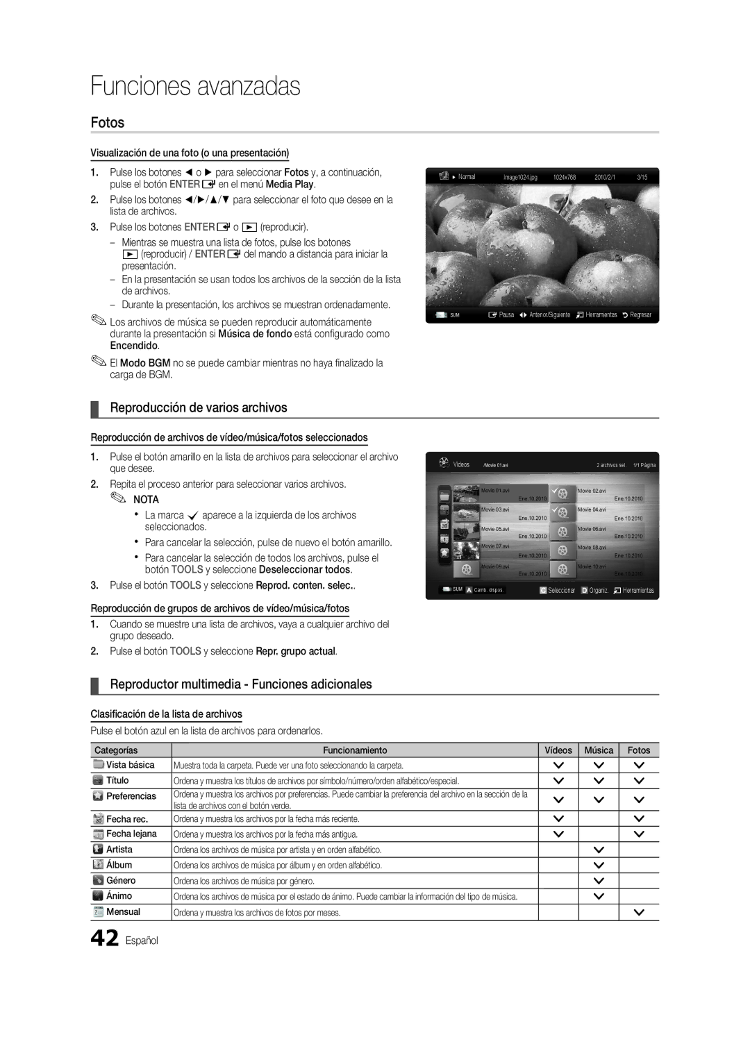 Samsung BN68-02627A-06, UN46C7000 Fotos, Reproducción de varios archivos, Reproductor multimedia Funciones adicionales 