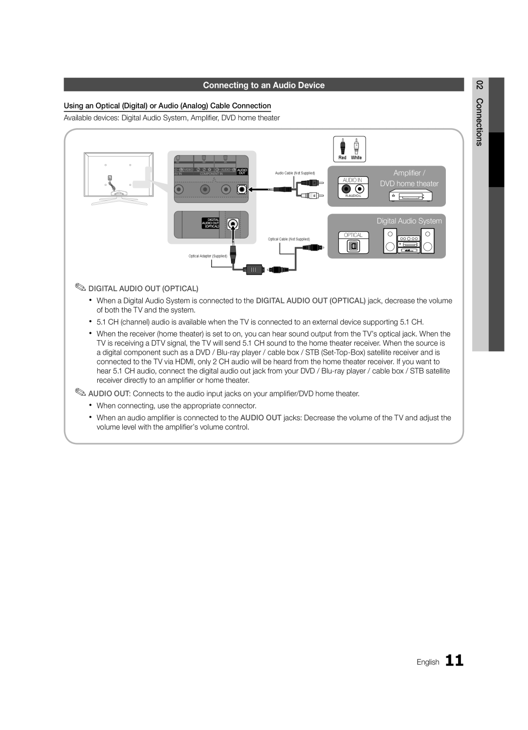 Samsung Series C7, BN68-02627A-06, UN46C7000 user manual Connecting to an Audio Device, Digital Audio OUT Optical 