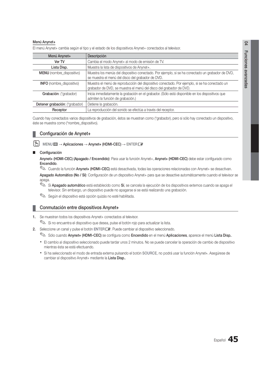 Samsung BN68-02627A-06, UN46C7000, Series C7 user manual Configuración de Anynet+, Conmutación entre dispositivos Anynet+ 