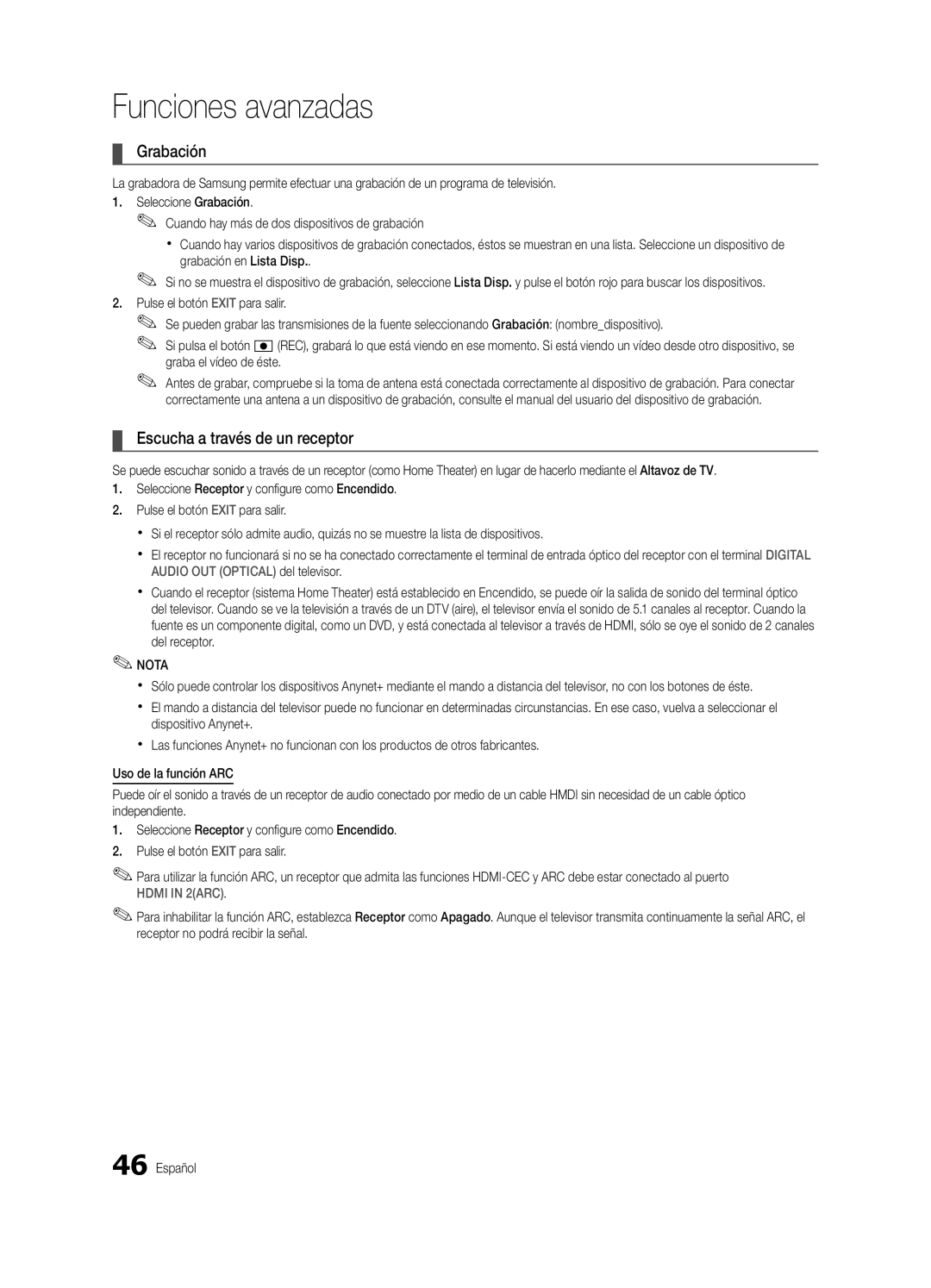 Samsung UN46C7000, BN68-02627A-06, Series C7 user manual Grabación, Escucha a través de un receptor 