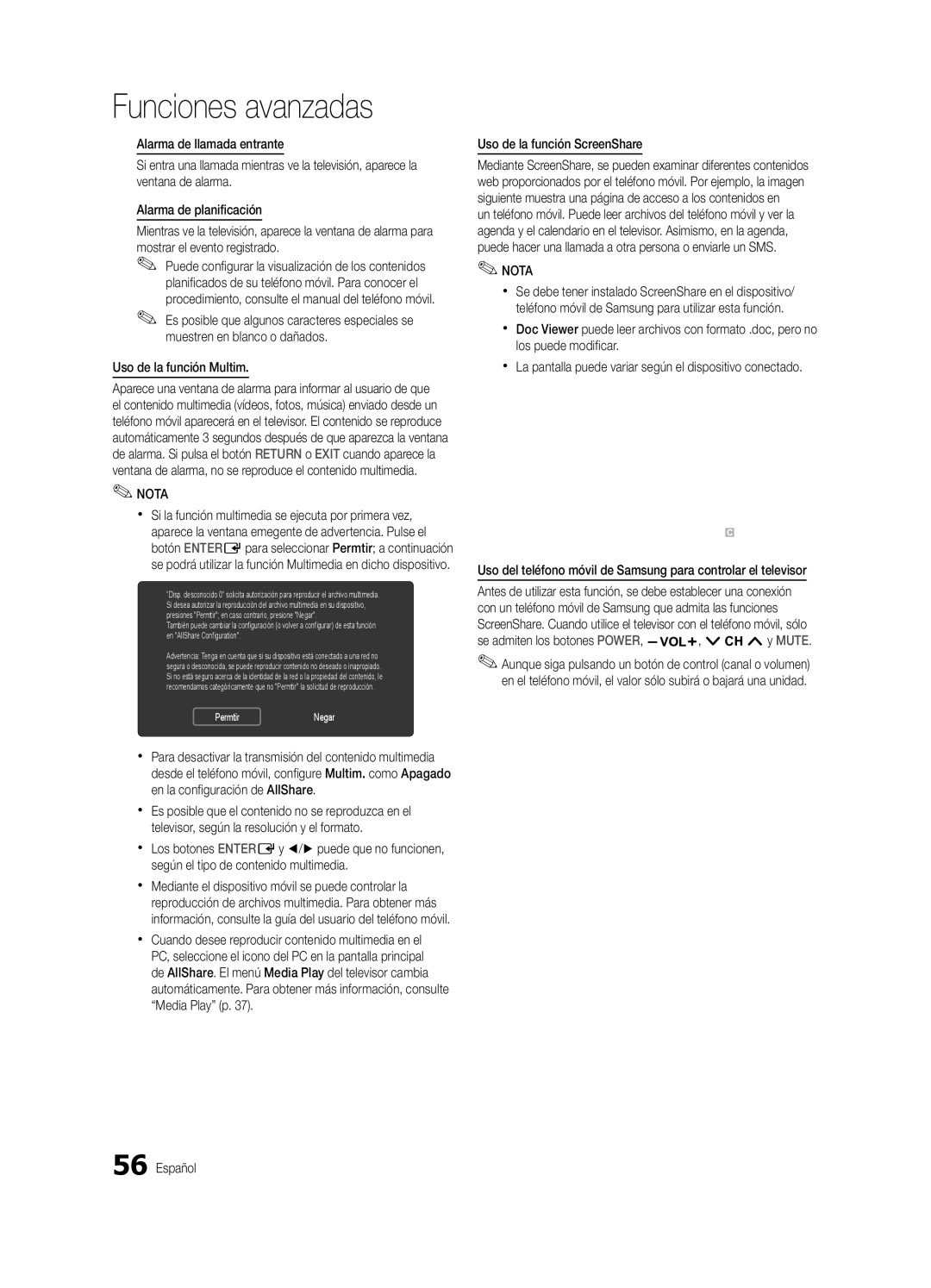 Samsung Series C7, BN68-02627A-06, UN46C7000 user manual Uso de la función Multim, Uso de la función ScreenShare 