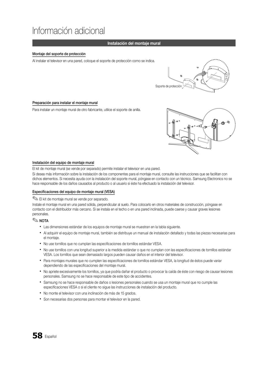 Samsung UN46C7000, BN68-02627A-06, Series C7 user manual Instalación del montaje mural, Soporte de protección 