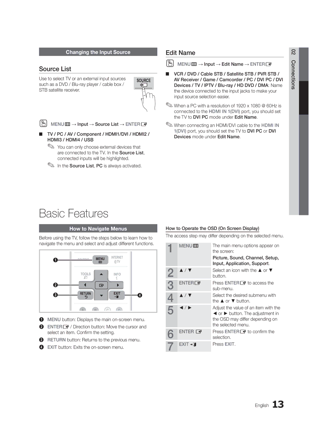 Samsung UN46C7000, BN68-02627A-06 Basic Features, Source List, Edit Name, Changing the Input Source, How to Navigate Menus 